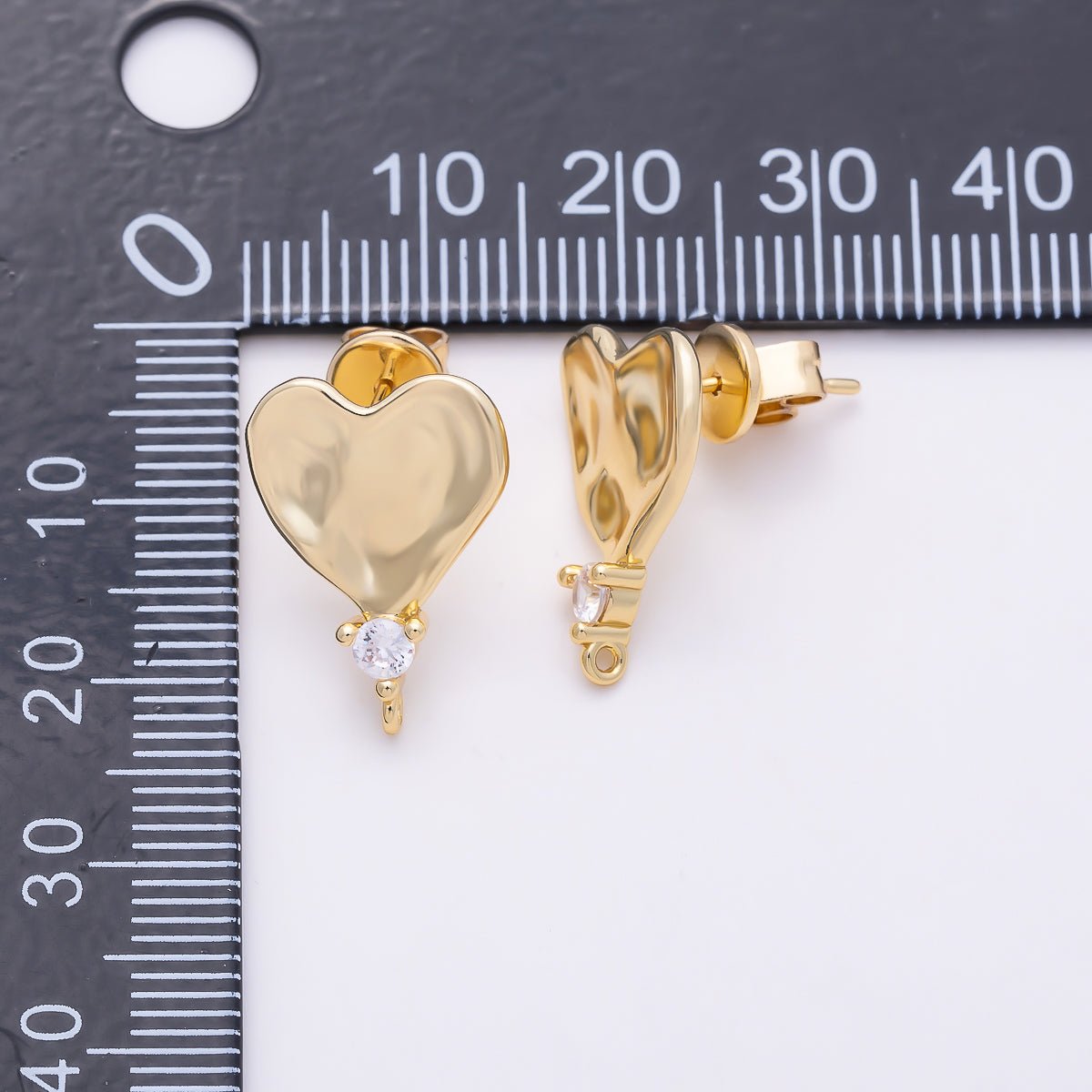 16K Gold Filled 18mm Clear CZ Hammered Heart Drop Stud Earring Findings | Findings-00509 - DLUXCA