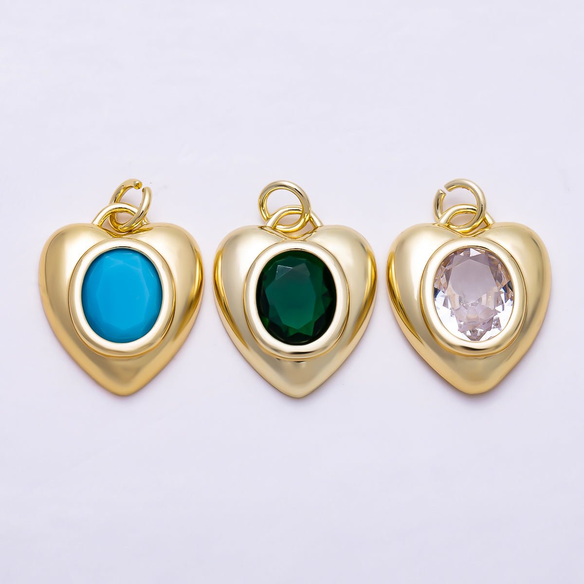 16K Gold Filled 18mm Emerald, Turquoise, and Clear Oval Faceted CZ Puffy Heart Pendant | Charms-01921 - Charms-01923 - DLUXCA