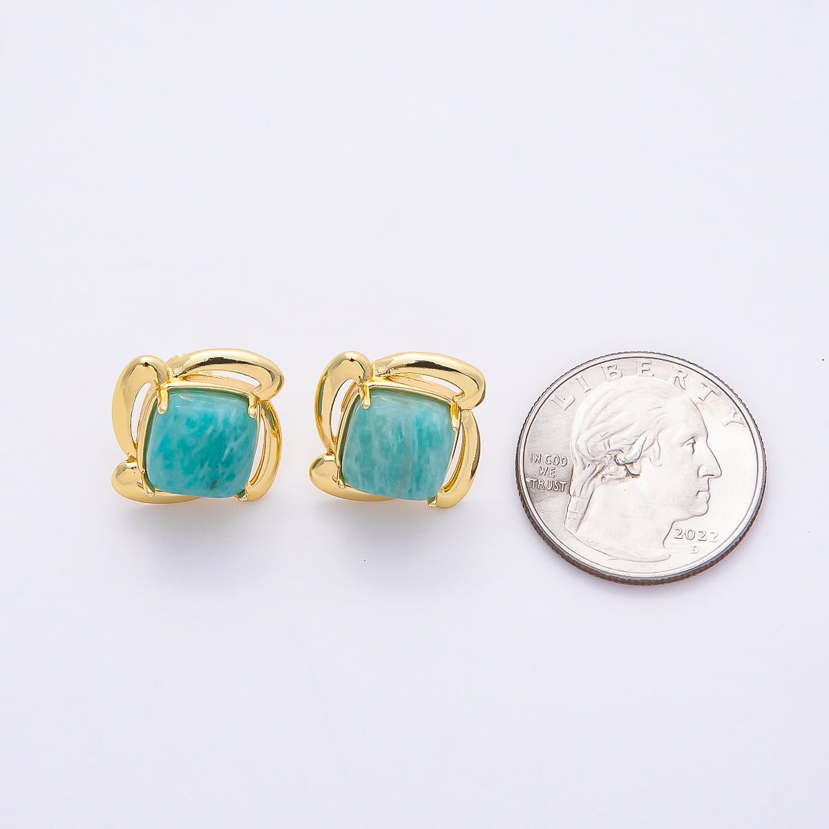16K Gold Filled 18mm Green Amazonite Natural Gemstone Flower Stud Earrings | Earrings - 00366 - DLUXCA