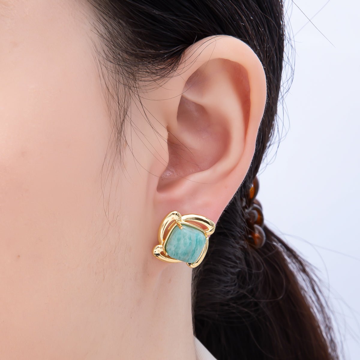 16K Gold Filled 18mm Green Amazonite Square Gemstone Spiral Flower Stud Earrings | Earrings - 00366 - DLUXCA