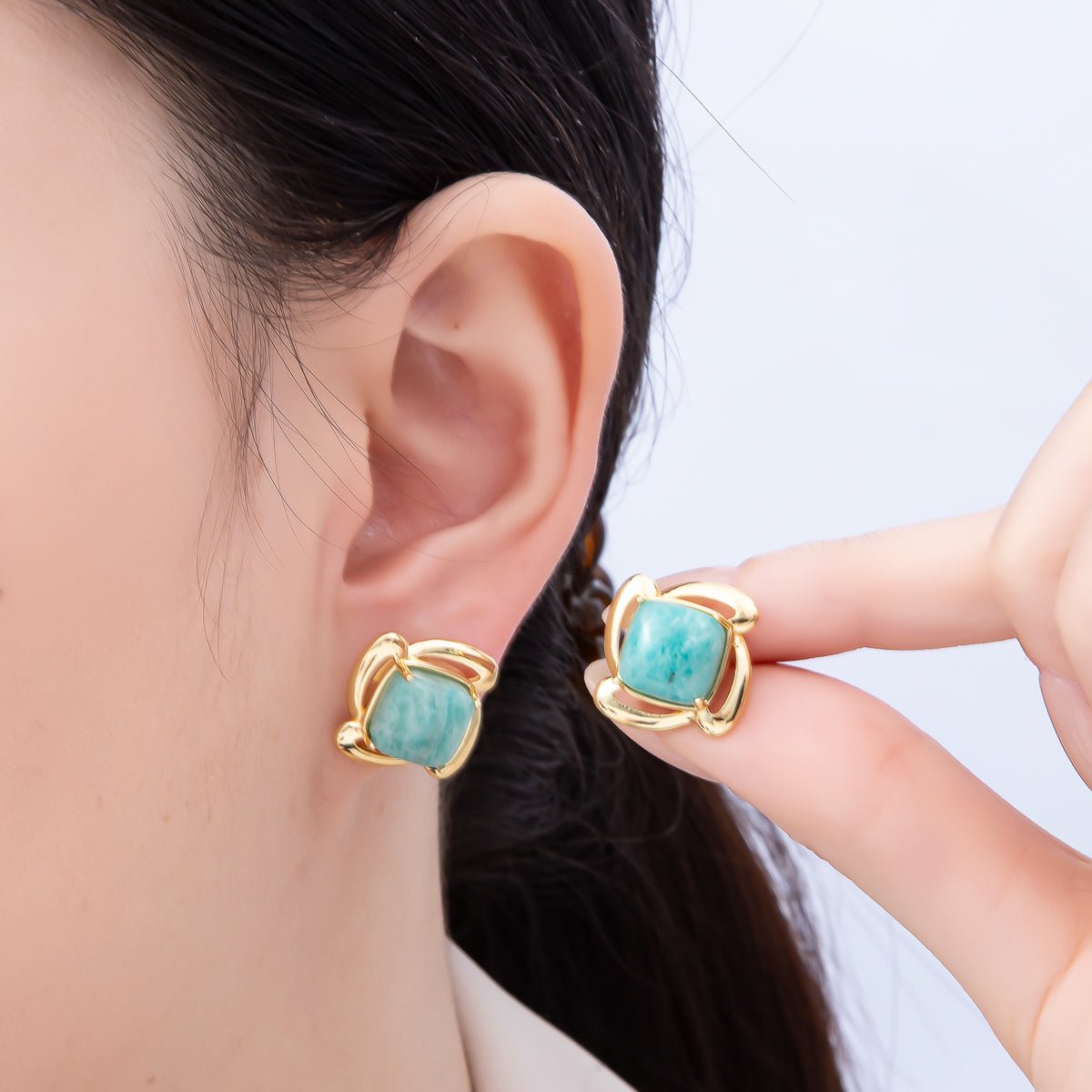 16K Gold Filled 18mm Green Amazonite Square Gemstone Spiral Flower Stud Earrings | Earrings - 00366 - DLUXCA