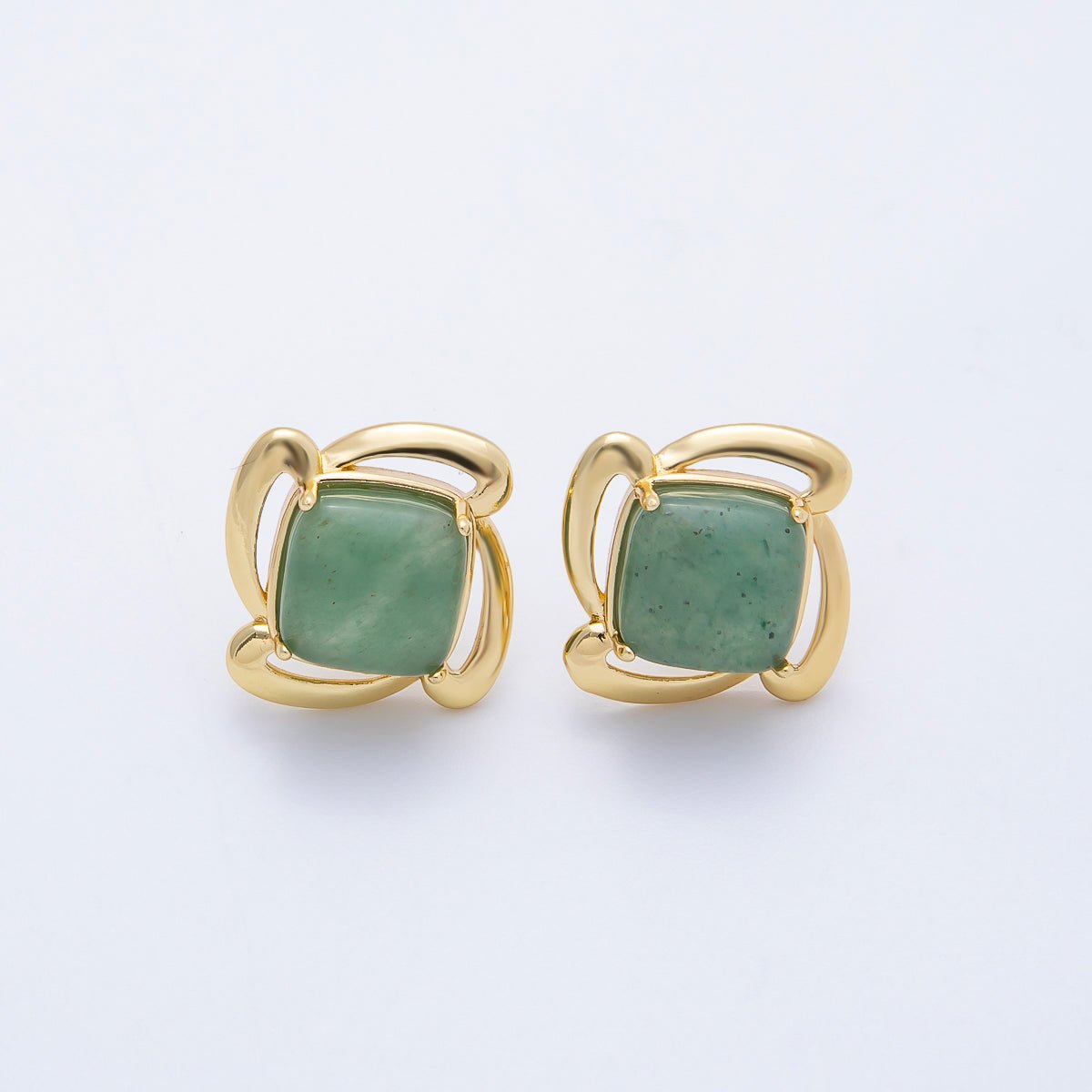 16K Gold Filled 18mm Green Aventurine Gemstone Flower Geometric Circular Stud Earrings | Earrings - 00347 - DLUXCA