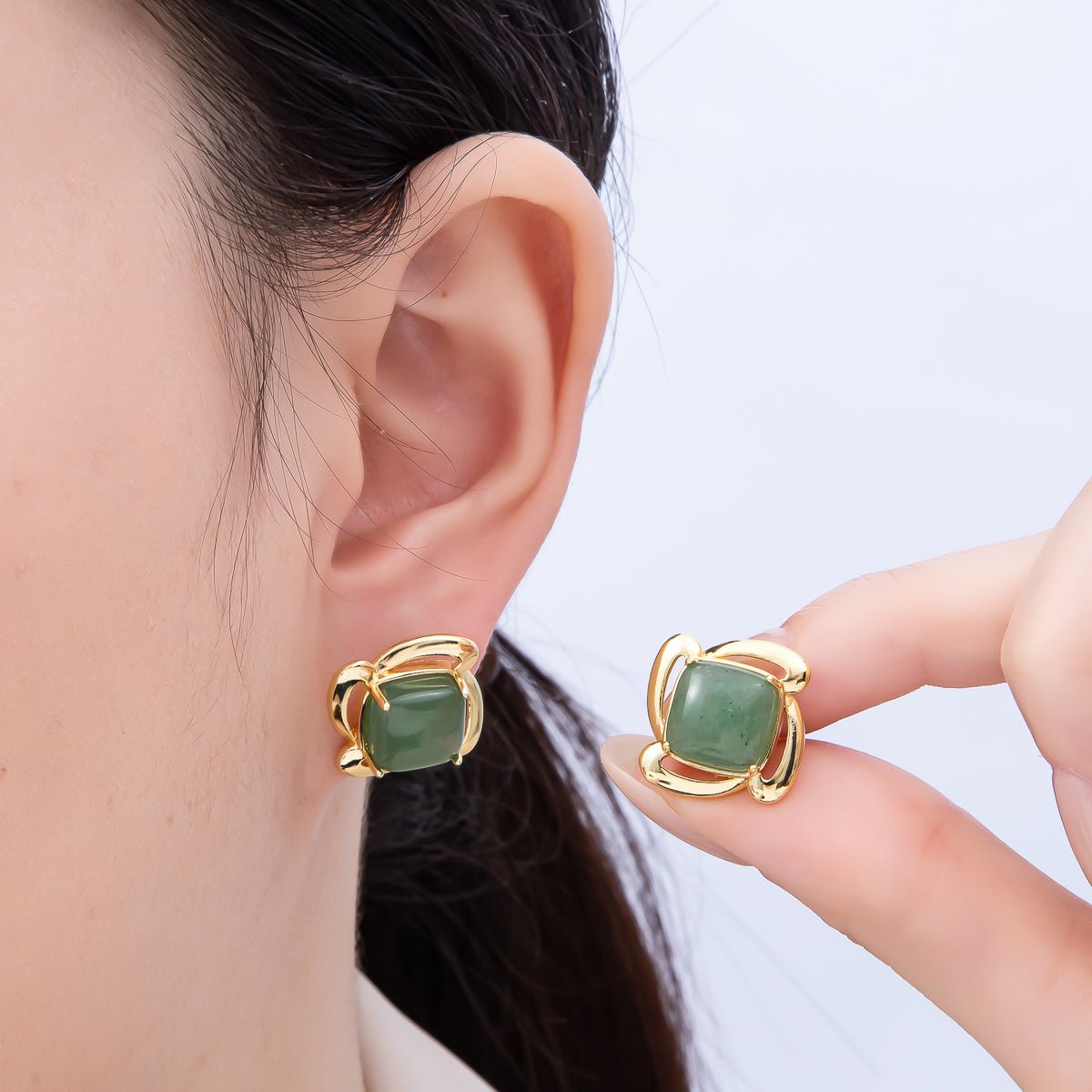 16K Gold Filled 18mm Green Aventurine Gemstone Flower Geometric Circular Stud Earrings | Earrings - 00347 - DLUXCA