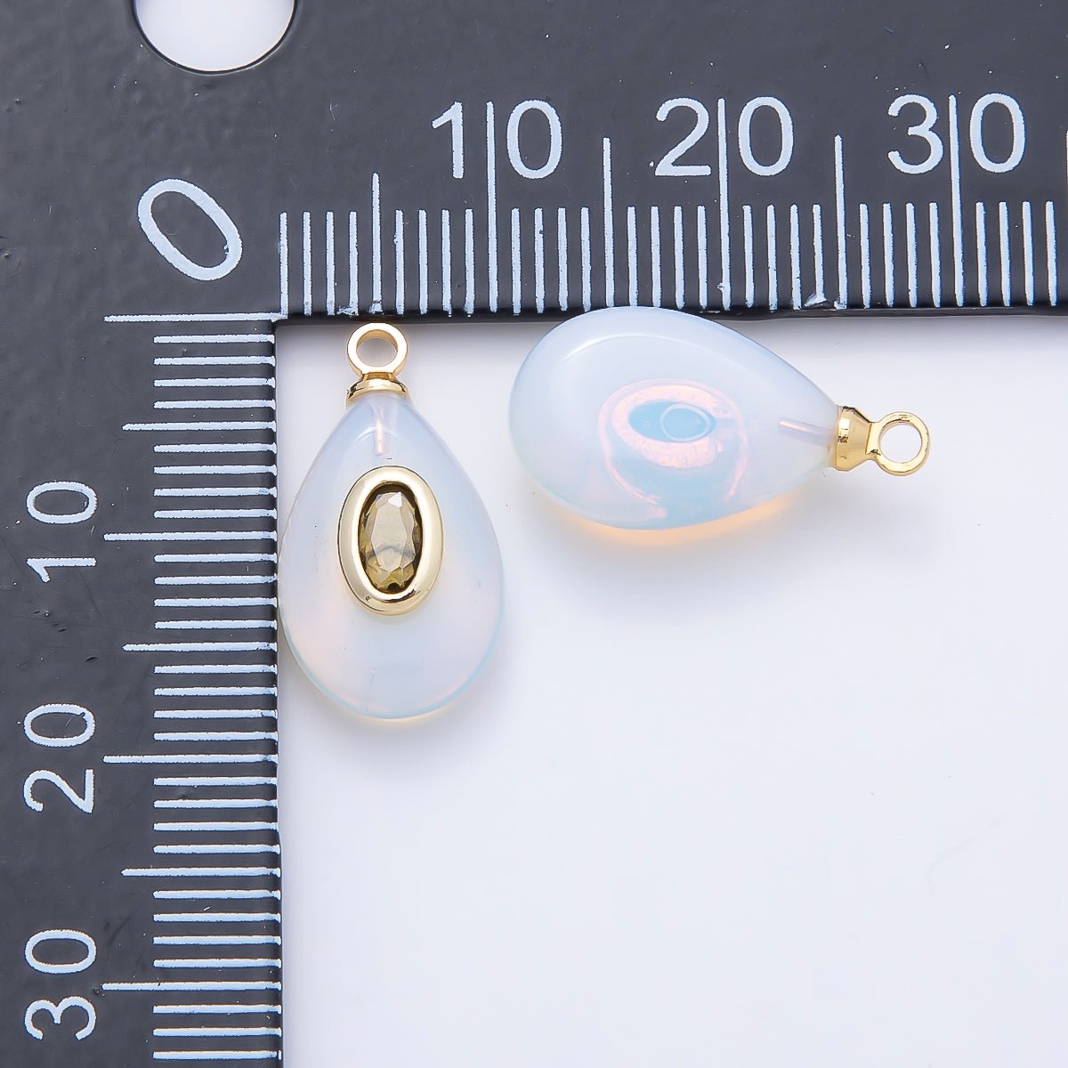 16K Gold Filled 18mm Green CZ Embedded White Opal Gemstone Teardrop Charm | Charms-01204 - DLUXCA