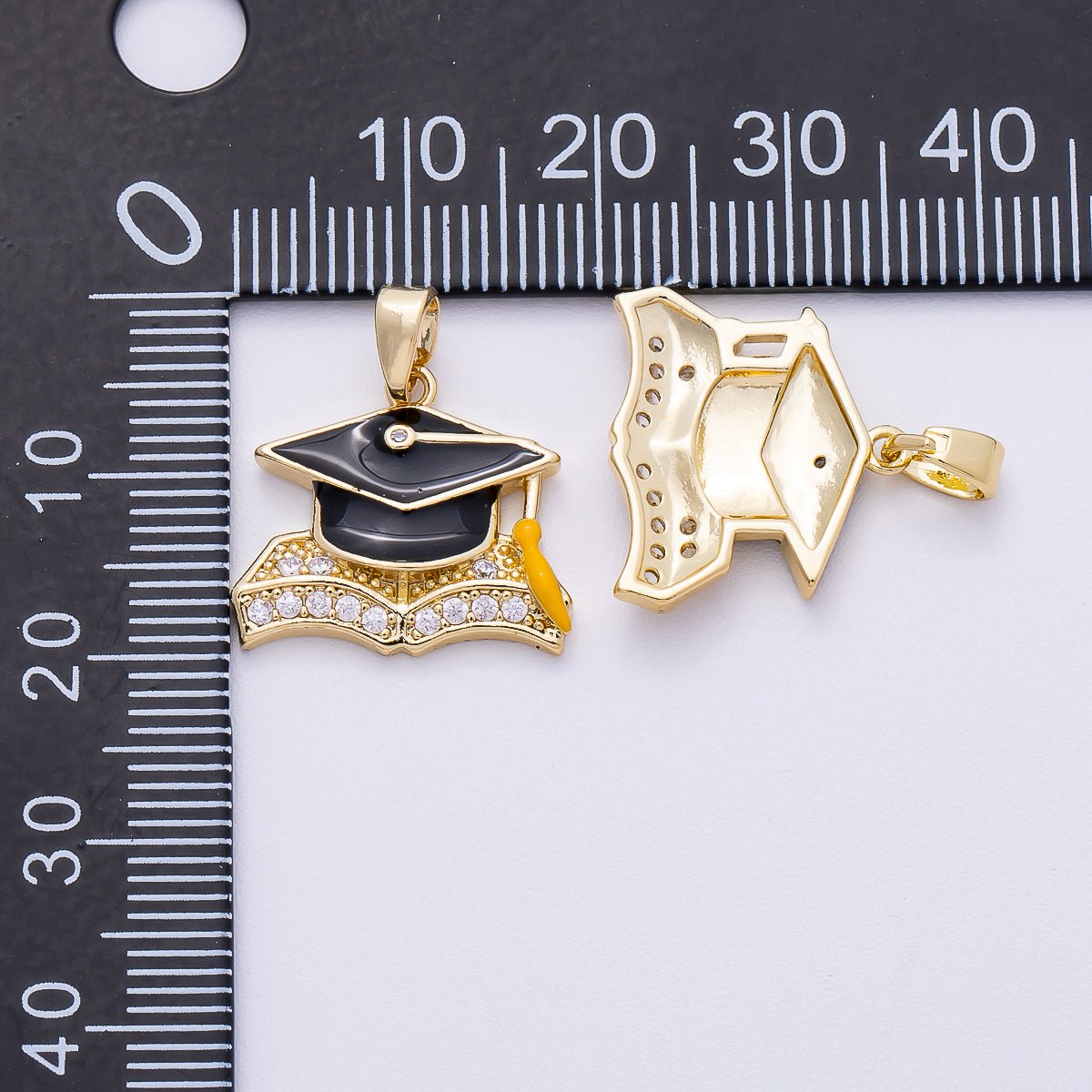 16K Gold Filled 18mm Micro Paved CZ Cap Graduation Enamel Pendant | Charms - 00489 - DLUXCA