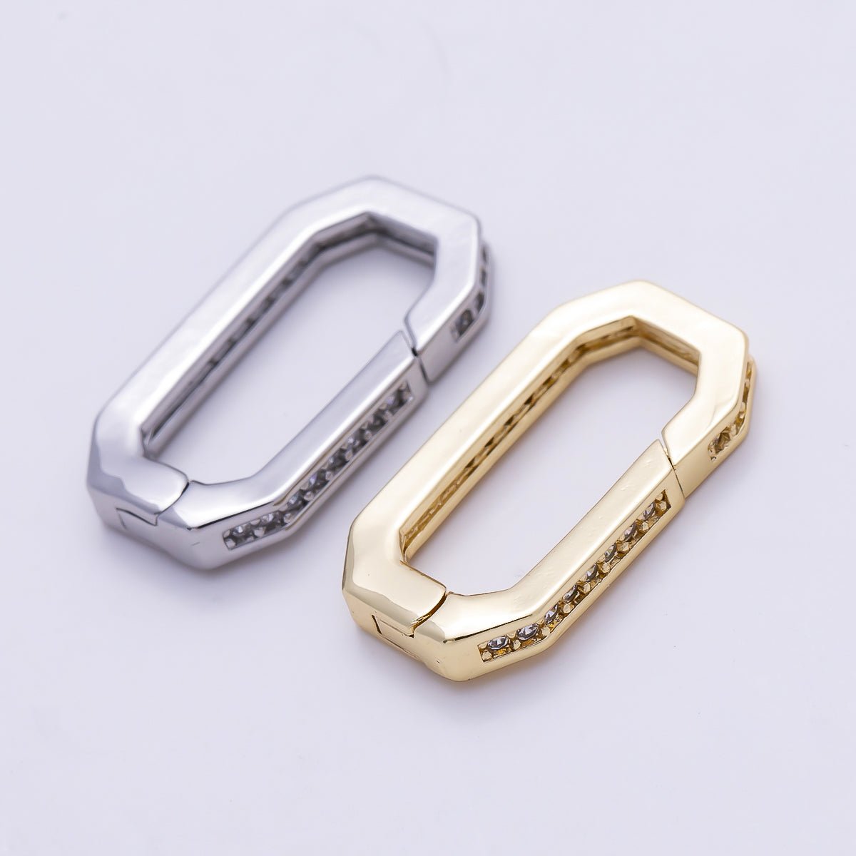 16K Gold Filled 18mm Micro Paved CZ Edged Oblong Push Gate Enhancer Findings in Gold & Silver | Findings-00428 Findings-00429 - DLUXCA
