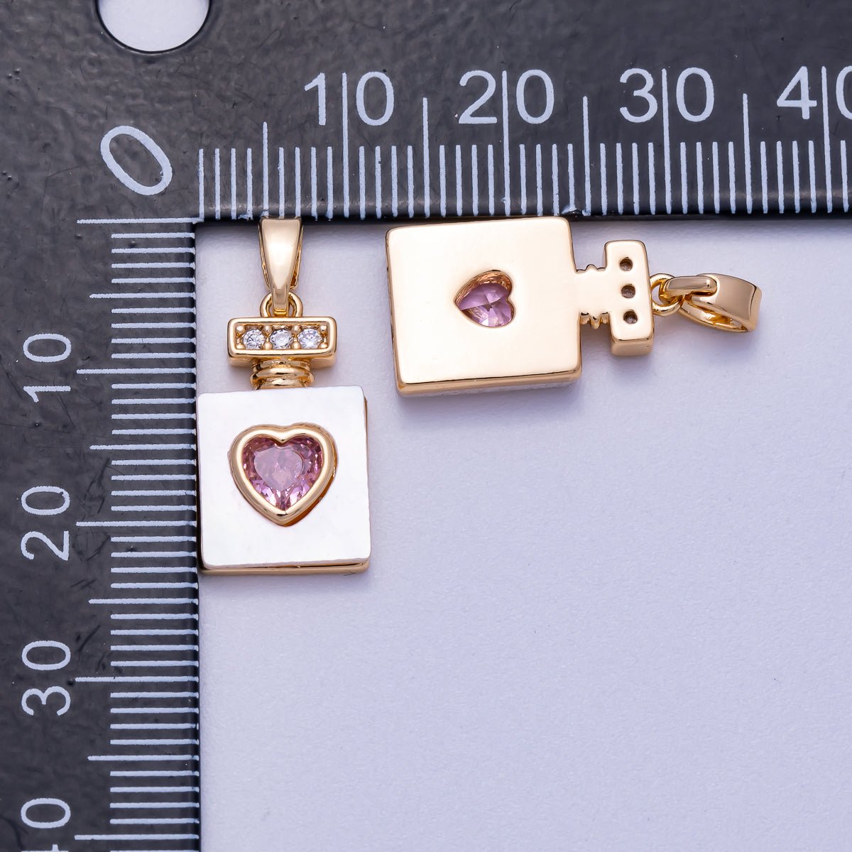 16K Gold Filled 18mm Micro Paved CZ Pink Heart Shell Heart Perfume Bottle Pendant | Charms - 00637 - DLUXCA