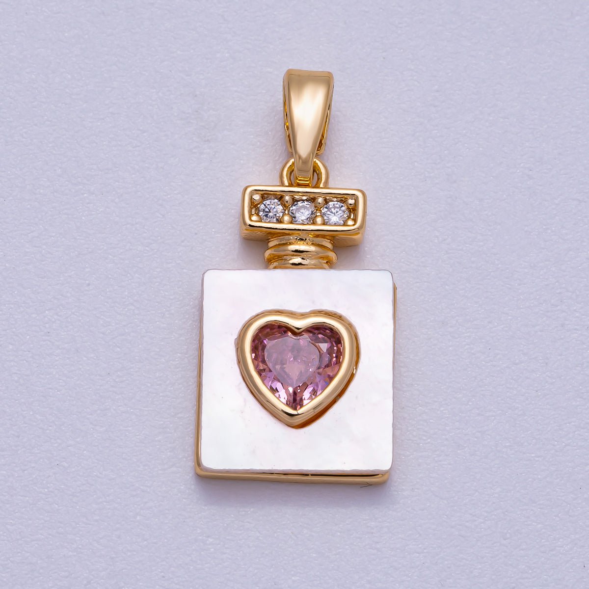 16K Gold Filled 18mm Micro Paved CZ Pink Heart Shell Heart Perfume Bottle Pendant | Charms - 00637 - DLUXCA