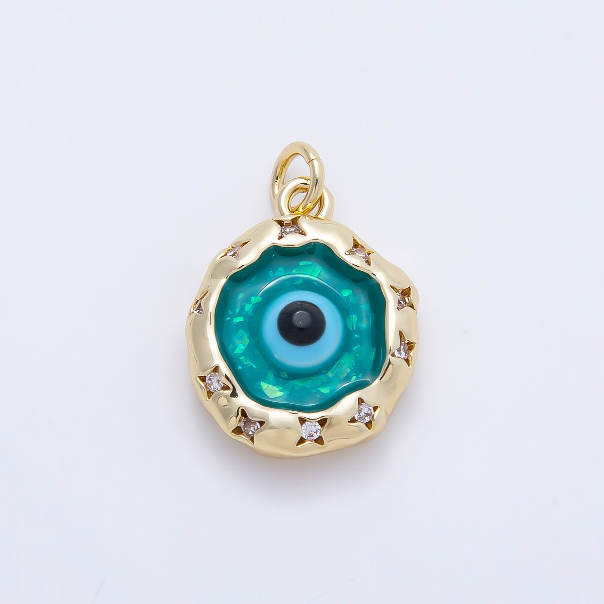 16K Gold Filled 18mm Teal Opal Clear CZ Star Dotted Molten Bezel Evil Eye Round Charm | Charms-01248 - DLUXCA