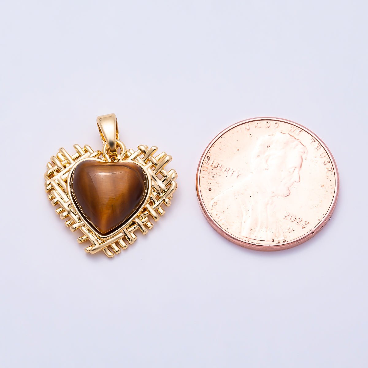 16K Gold Filled 18mm Tiger Eye Gemstone Quilted Woven Bezel Heart Pendant | Charms-01557 - DLUXCA
