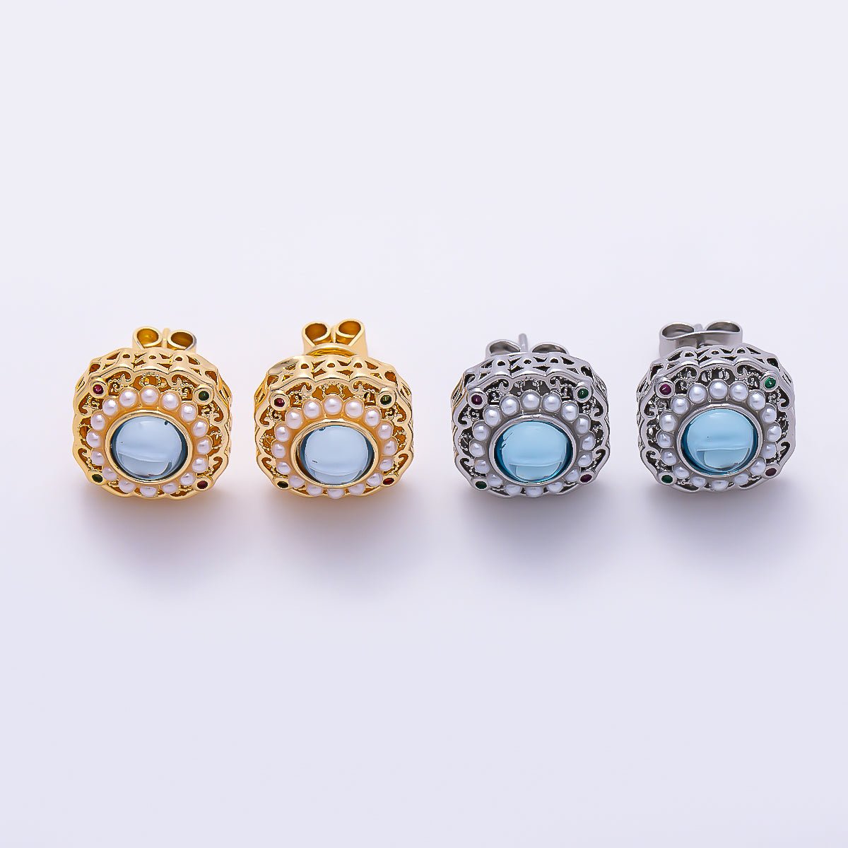 16K Gold Filled 18mm Vintage Filigree Shell Pearl Light Blue Cabochon Stud Earrings | Earrings-00838 - Earrings-00839 - DLUXCA