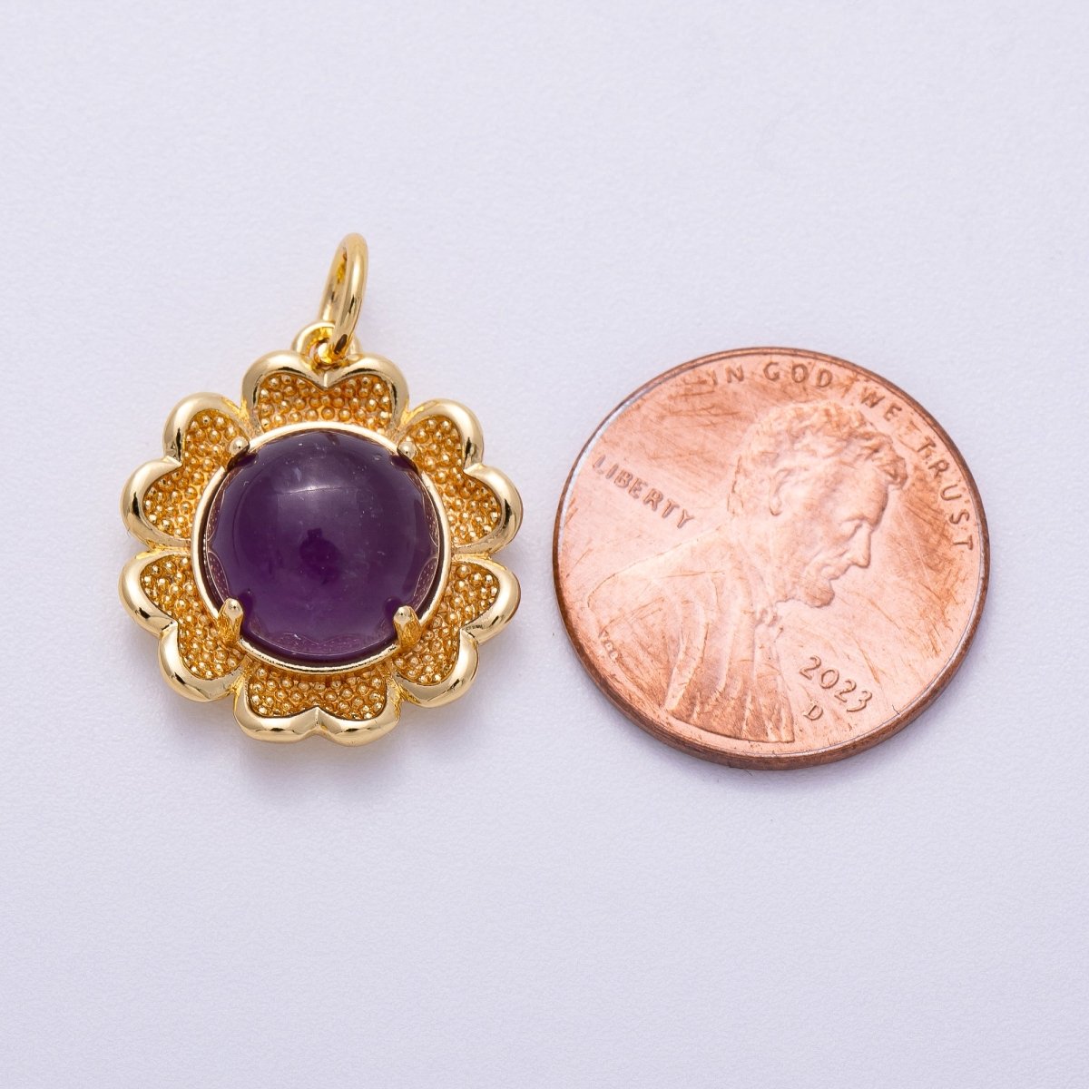 16K Gold Filled 19mm Amethyst, Carnelian Cabochon Gemstone Flower Charm | Charms - 00608 Charms - 00609 - DLUXCA