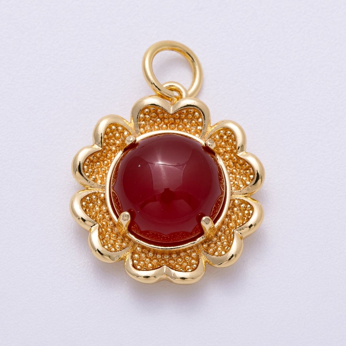 16K Gold Filled 19mm Amethyst, Carnelian Cabochon Gemstone Flower Charm | Charms - 00608 Charms - 00609 - DLUXCA