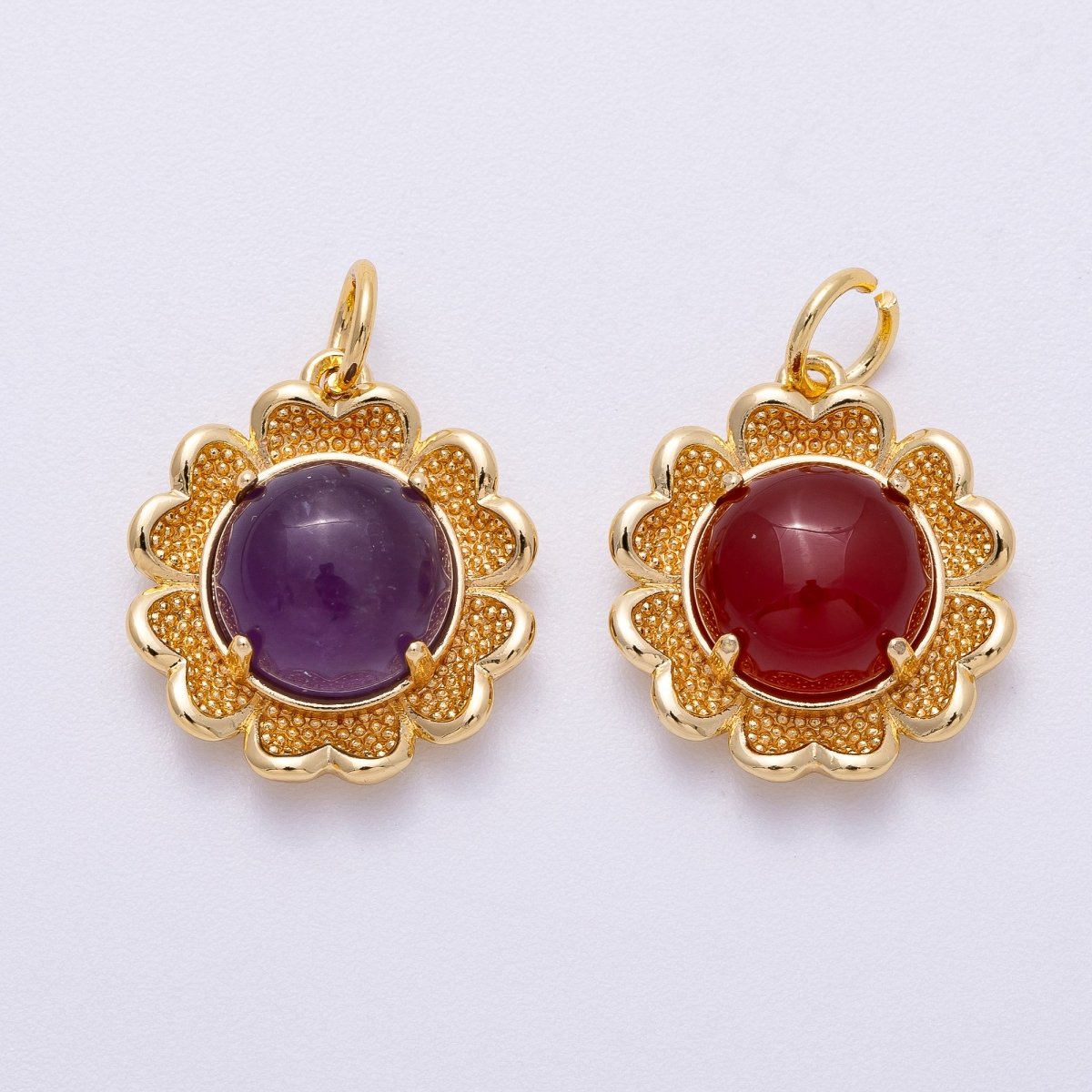16K Gold Filled 19mm Amethyst, Carnelian Cabochon Gemstone Flower Charm | Charms - 00608 Charms - 00609 - DLUXCA