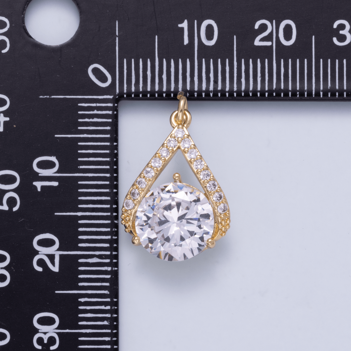 16K Gold Filled 19mm Clear CZ Round Micro Paved Teardrop Open Solitaire Charm | Charms-01267 - DLUXCA