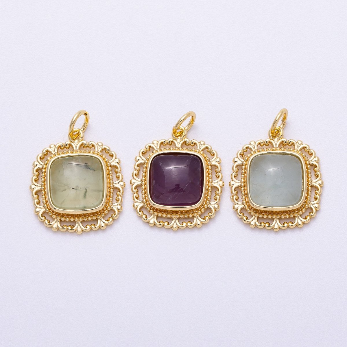 16K Gold Filled 20mm Aquamarine, Amethyst, Prehnite Square Gemstone Artisan Bezel Charm | Charms - 00603 - Charms - 00605 - DLUXCA