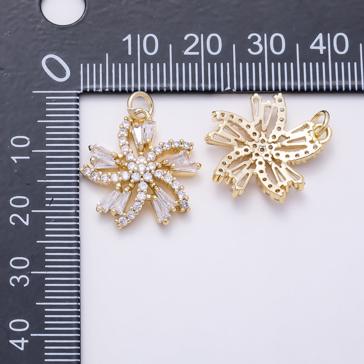 16K Gold Filled 20mm Baguette Micro Paved CZ Flower Swirl Charm | Charms-01547 - DLUXCA