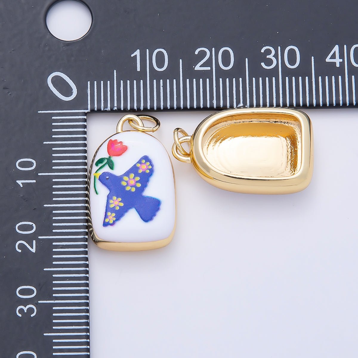 16K Gold Filled 20mm Bird Dove of Peace with Flower Plant Enamel Charm | Charms-01240 - DLUXCA