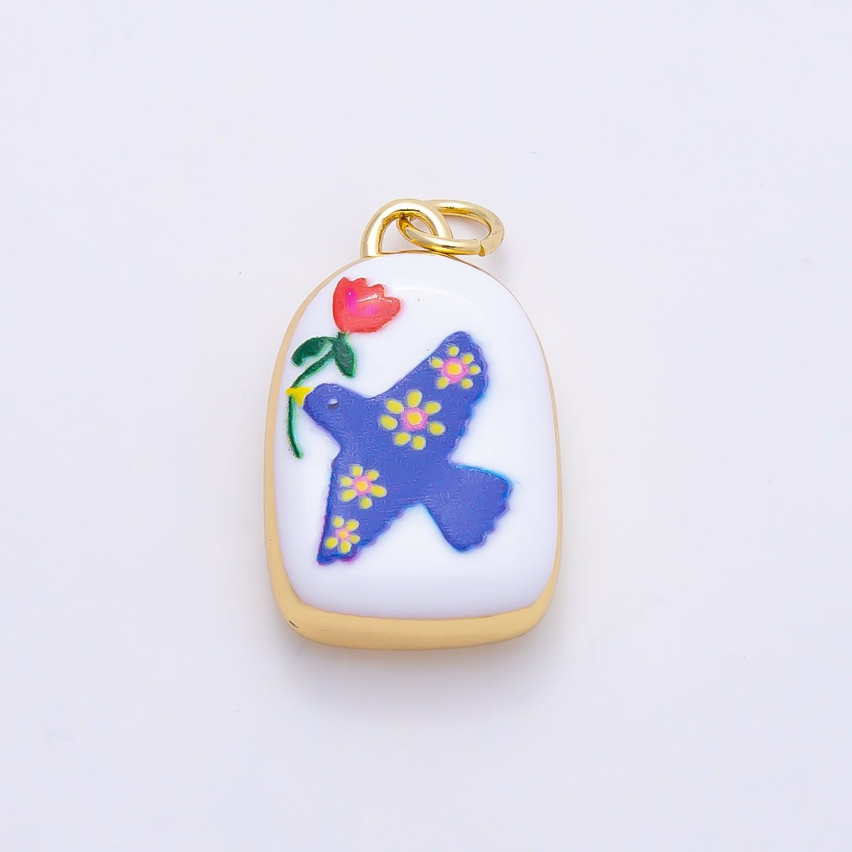 16K Gold Filled 20mm Bird Dove of Peace with Flower Plant Enamel Charm | Charms-01240 - DLUXCA