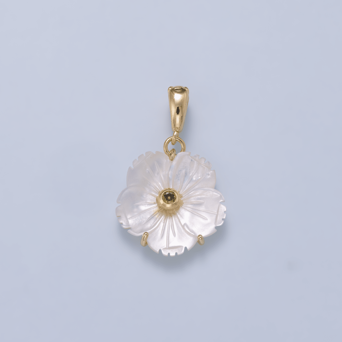 16K Gold Filled 20mm Birthstone CZ Mother of Pearl Flower Snap Drop Pendant | Charms-00965 ~ Charms-00976 - DLUXCA