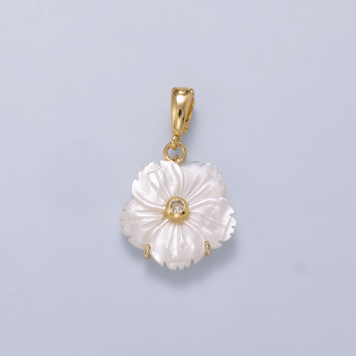 16K Gold Filled 20mm Birthstone CZ Mother of Pearl Flower Snap Drop Pendant | Charms-00965 ~ Charms-00976 - DLUXCA