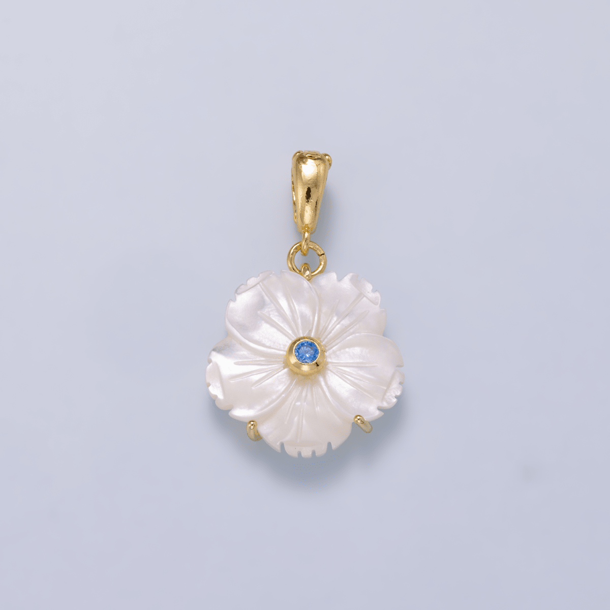 16K Gold Filled 20mm Birthstone CZ Mother of Pearl Flower Snap Drop Pendant | Charms-00965 ~ Charms-00976 - DLUXCA