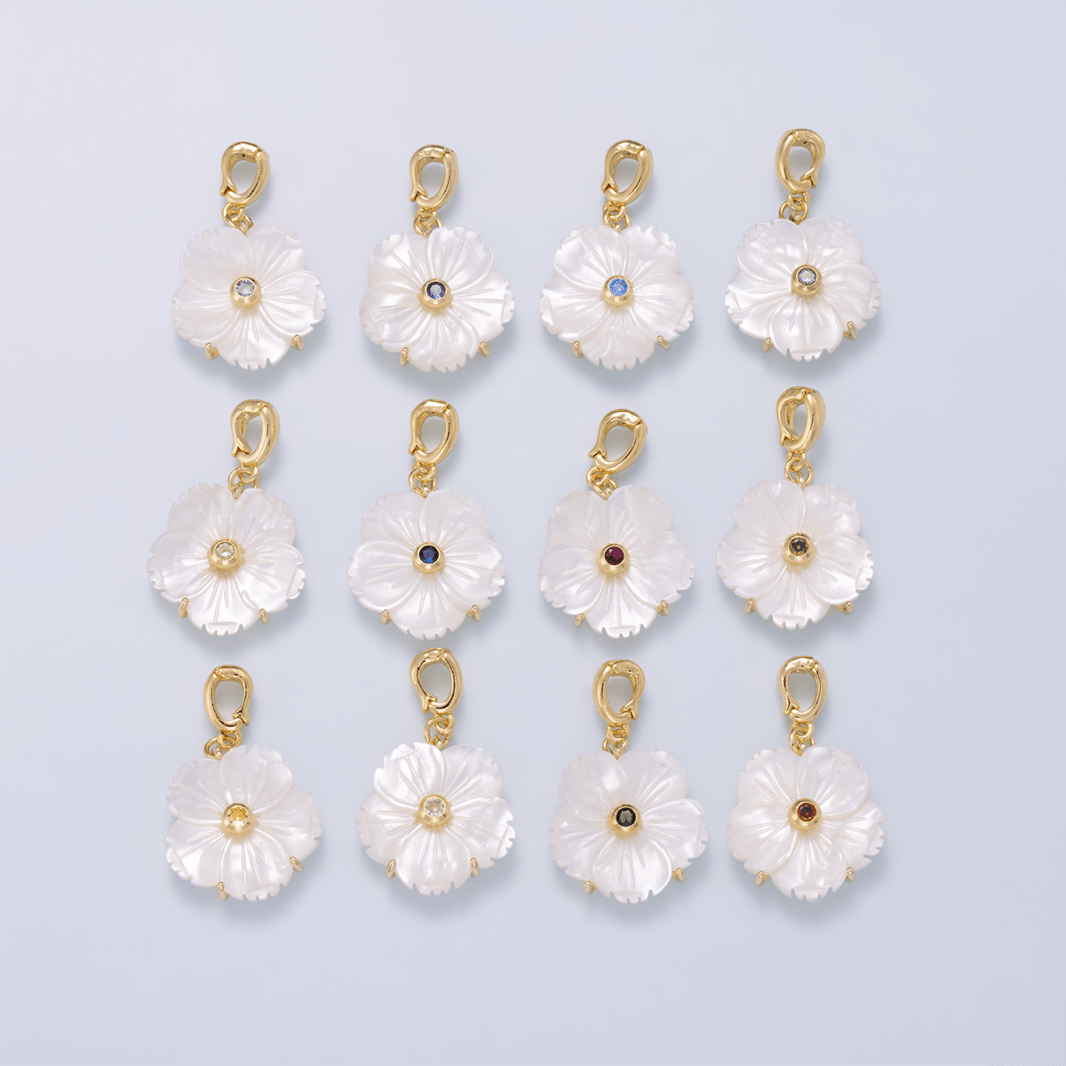 16K Gold Filled 20mm Birthstone CZ Mother of Pearl Flower Snap Drop Pendant | Charms-00965 ~ Charms-00976 - DLUXCA
