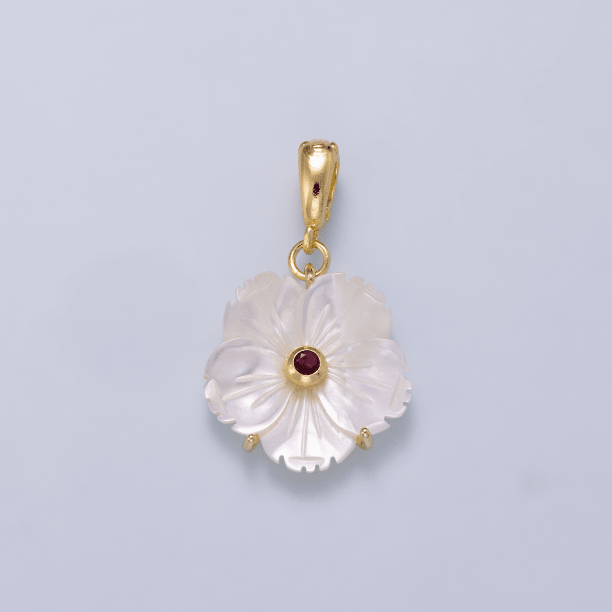 16K Gold Filled 20mm Birthstone CZ Mother of Pearl Flower Snap Drop Pendant | Charms-00965 ~ Charms-00976 - DLUXCA