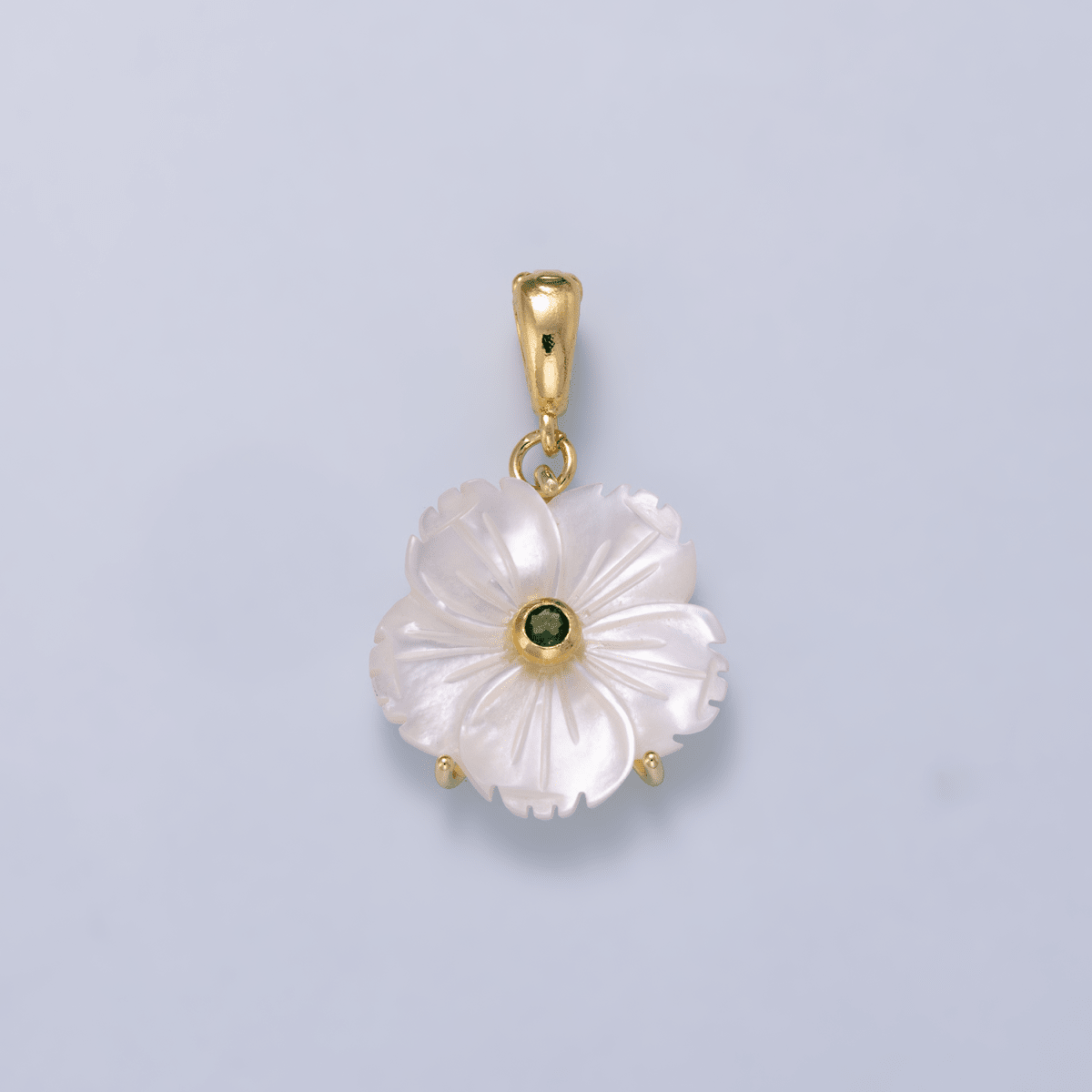 16K Gold Filled 20mm Birthstone CZ Mother of Pearl Flower Snap Drop Pendant | Charms-00965 ~ Charms-00976 - DLUXCA