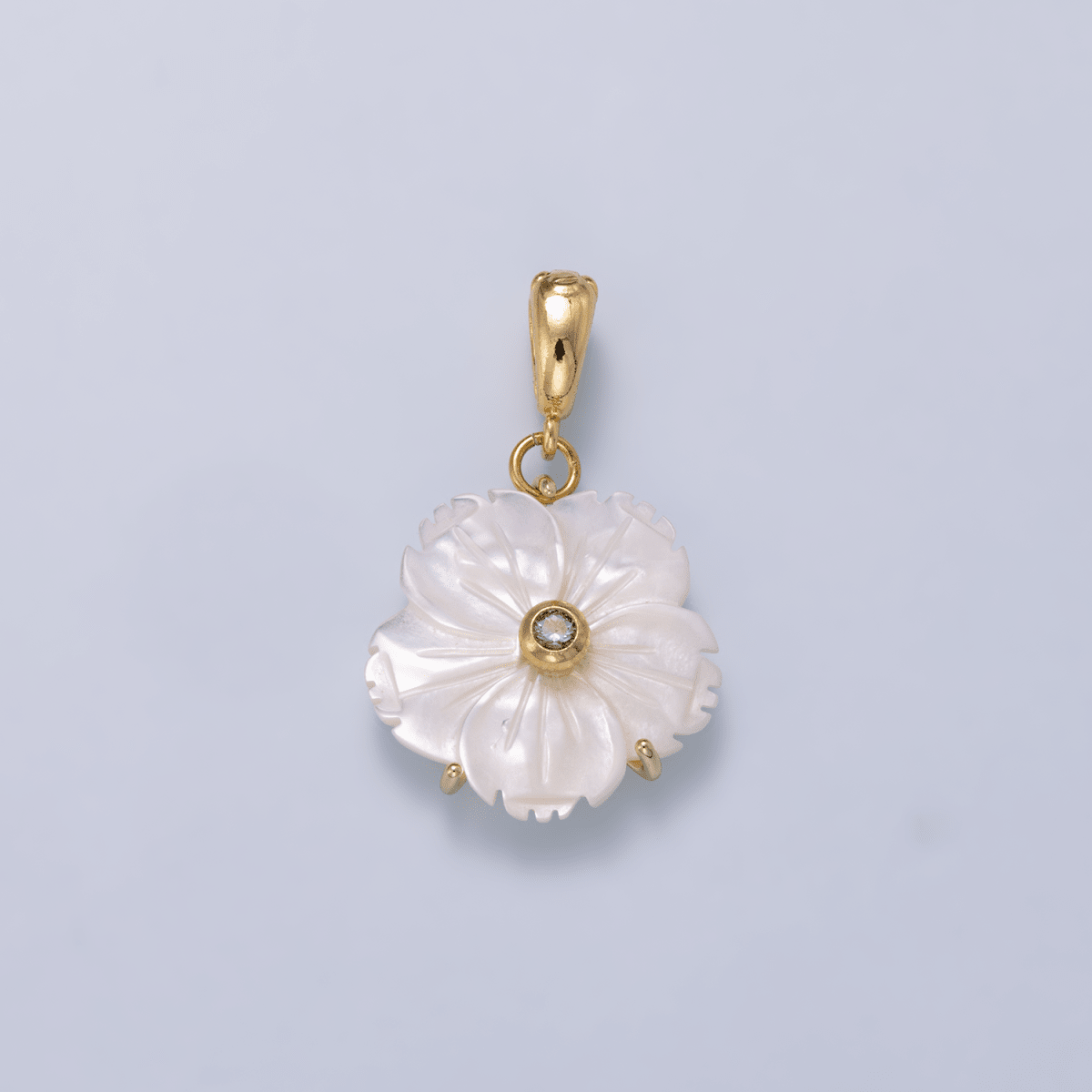 16K Gold Filled 20mm Birthstone CZ Mother of Pearl Flower Snap Drop Pendant | Charms-00965 ~ Charms-00976 - DLUXCA