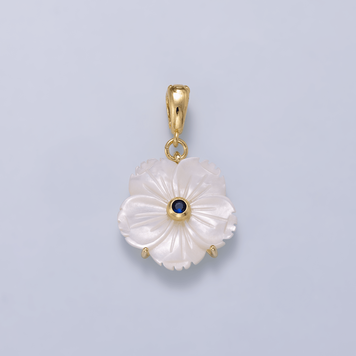 16K Gold Filled 20mm Birthstone CZ Mother of Pearl Flower Snap Drop Pendant | Charms-00965 ~ Charms-00976 - DLUXCA
