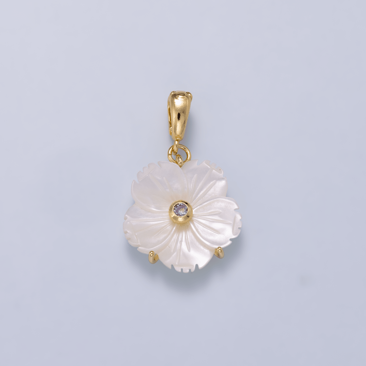 16K Gold Filled 20mm Birthstone CZ Mother of Pearl Flower Snap Drop Pendant | Charms-00965 ~ Charms-00976 - DLUXCA