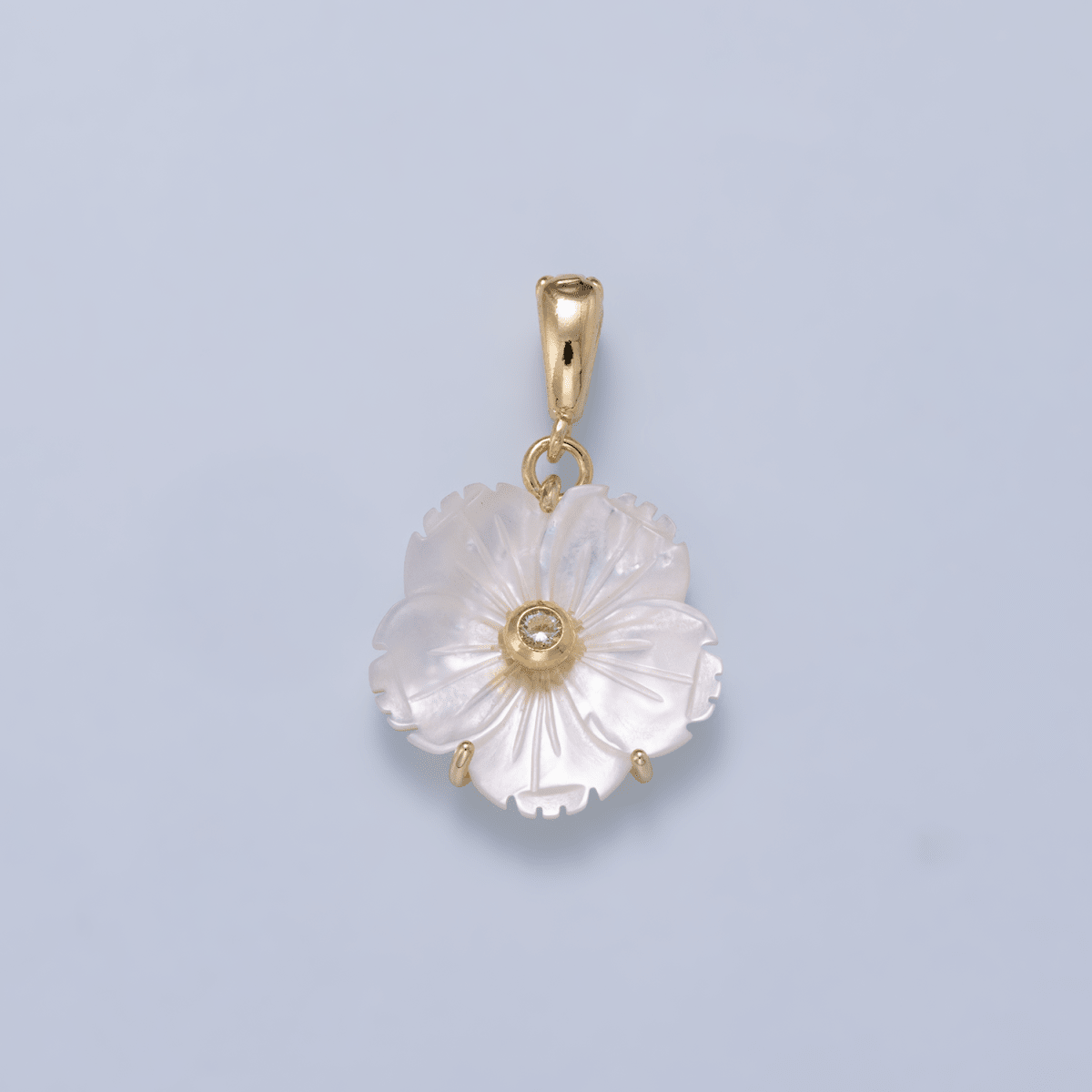 16K Gold Filled 20mm Birthstone CZ Mother of Pearl Flower Snap Drop Pendant | Charms-00965 ~ Charms-00976 - DLUXCA