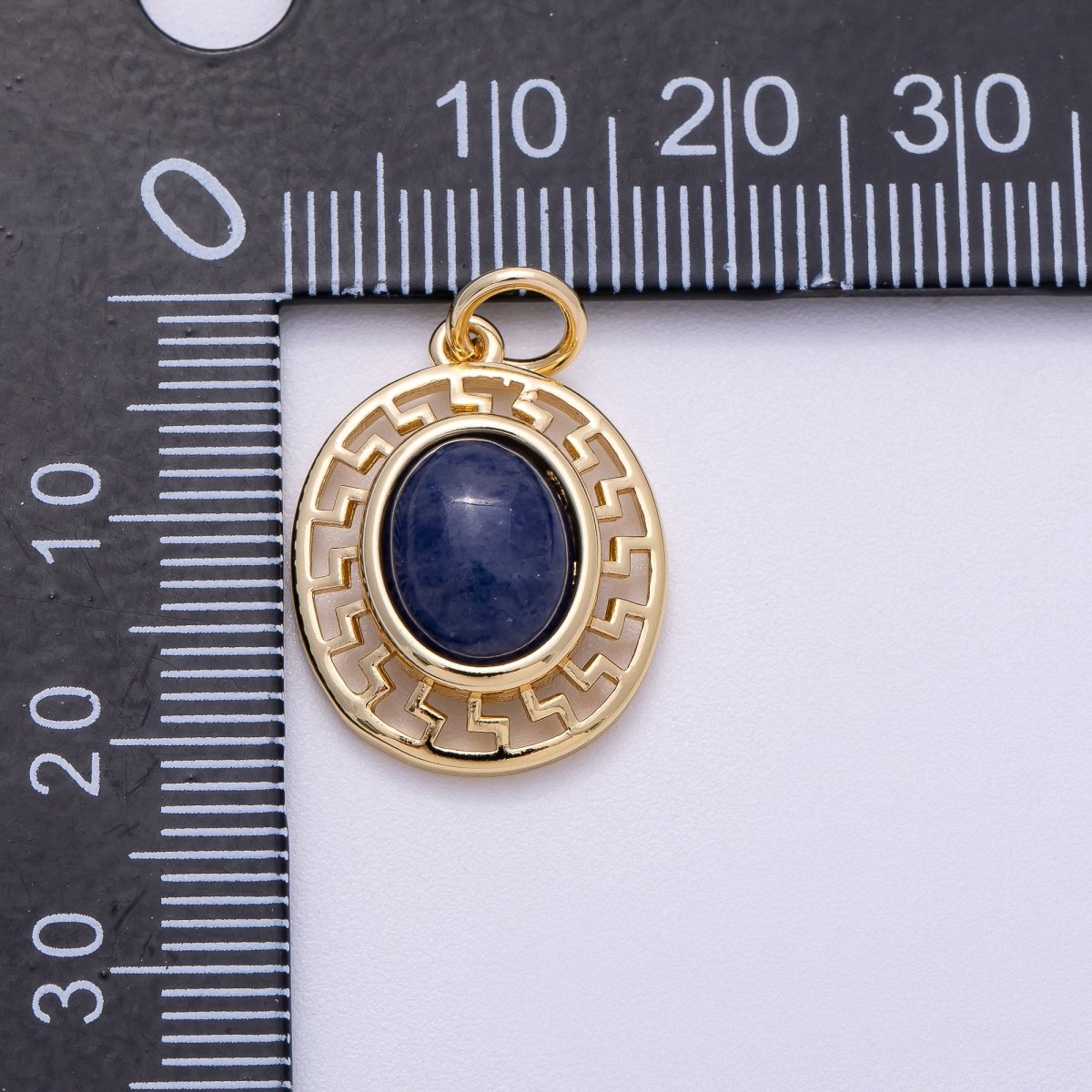 16K Gold Filled 20mm Blue Kyanite Cabochon Gemstone Open Geometric Bezel Oval Charm | Charms - 00599 - DLUXCA