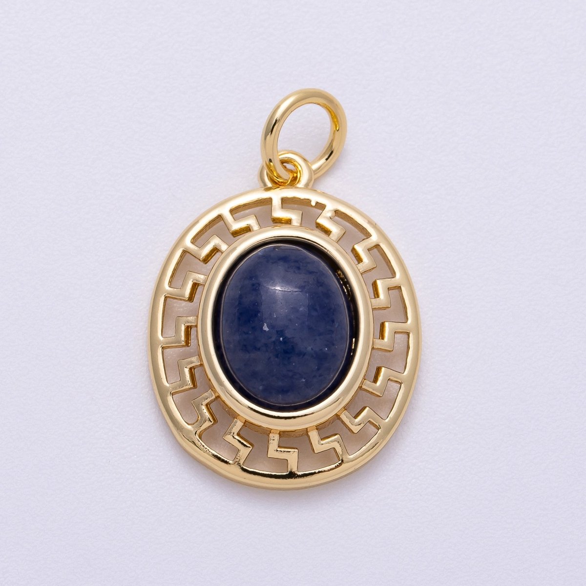 16K Gold Filled 20mm Blue Kyanite Cabochon Gemstone Open Geometric Bezel Oval Charm | Charms - 00599 - DLUXCA