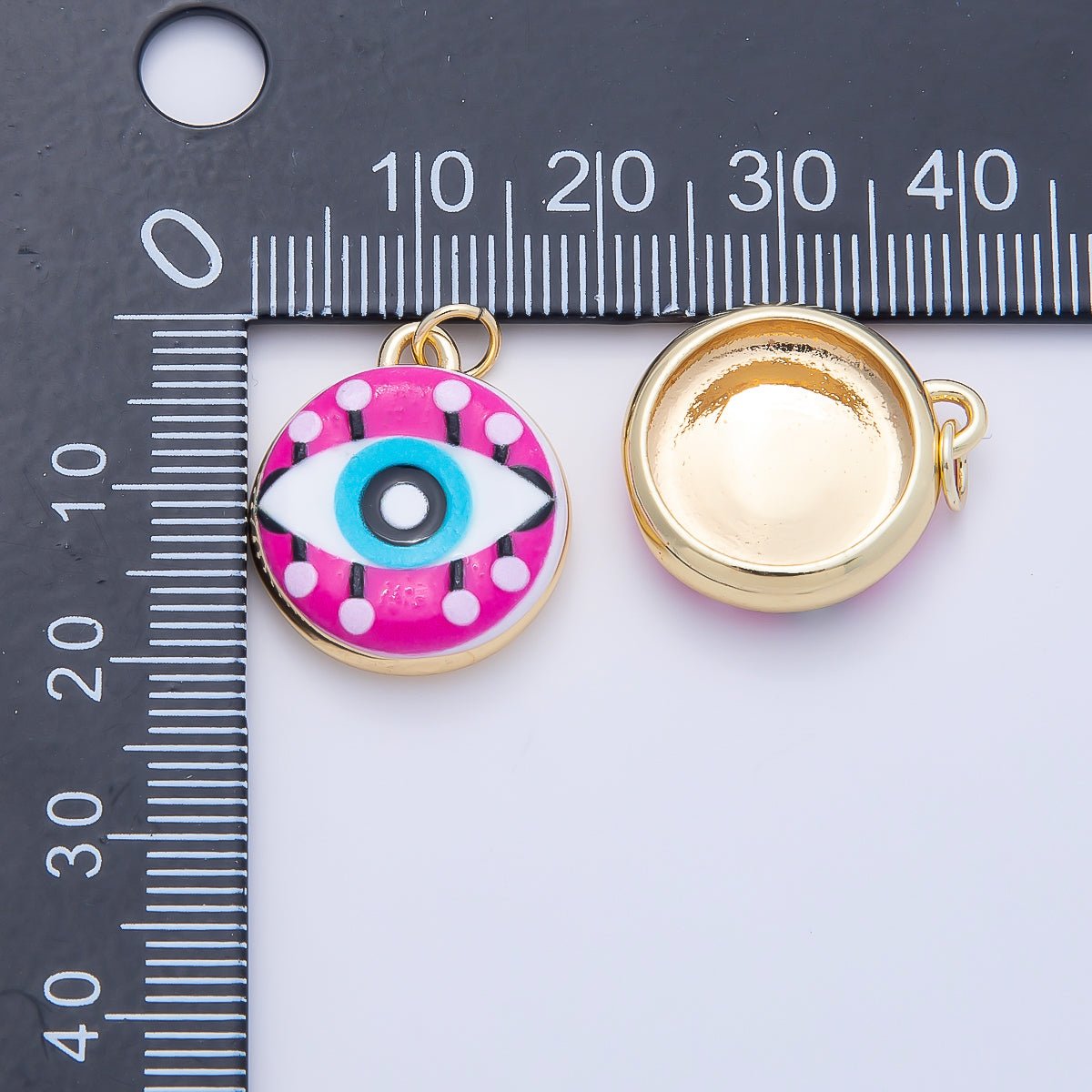 16K Gold Filled 20mm Blue Pink Evil Eye Enamel Round Charm | Charms-01241 - DLUXCA