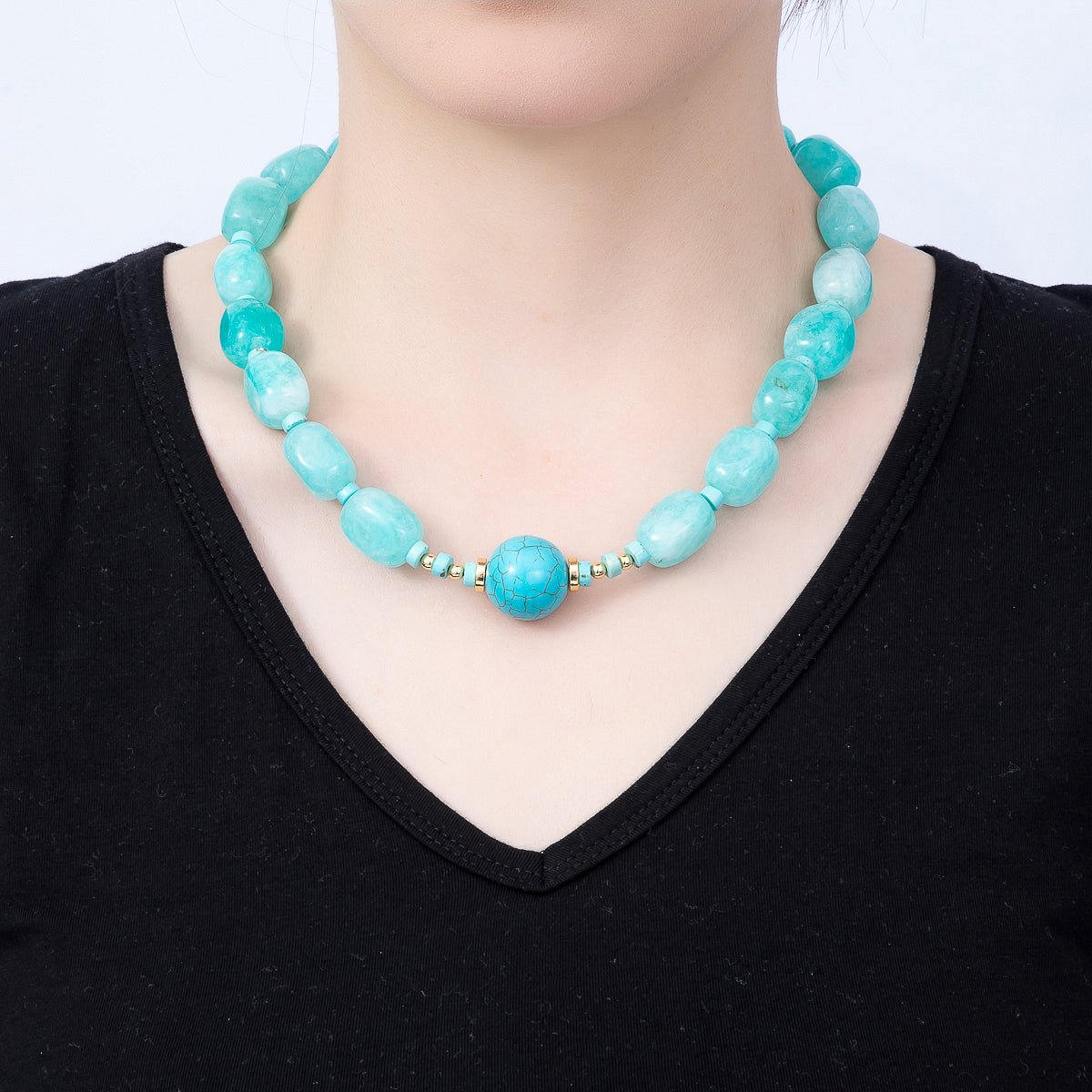 16K Gold Filled 20mm Blue Turquoise Rectangle Gemstone Chain 19 Inch Necklace | WA-01312 - DLUXCA