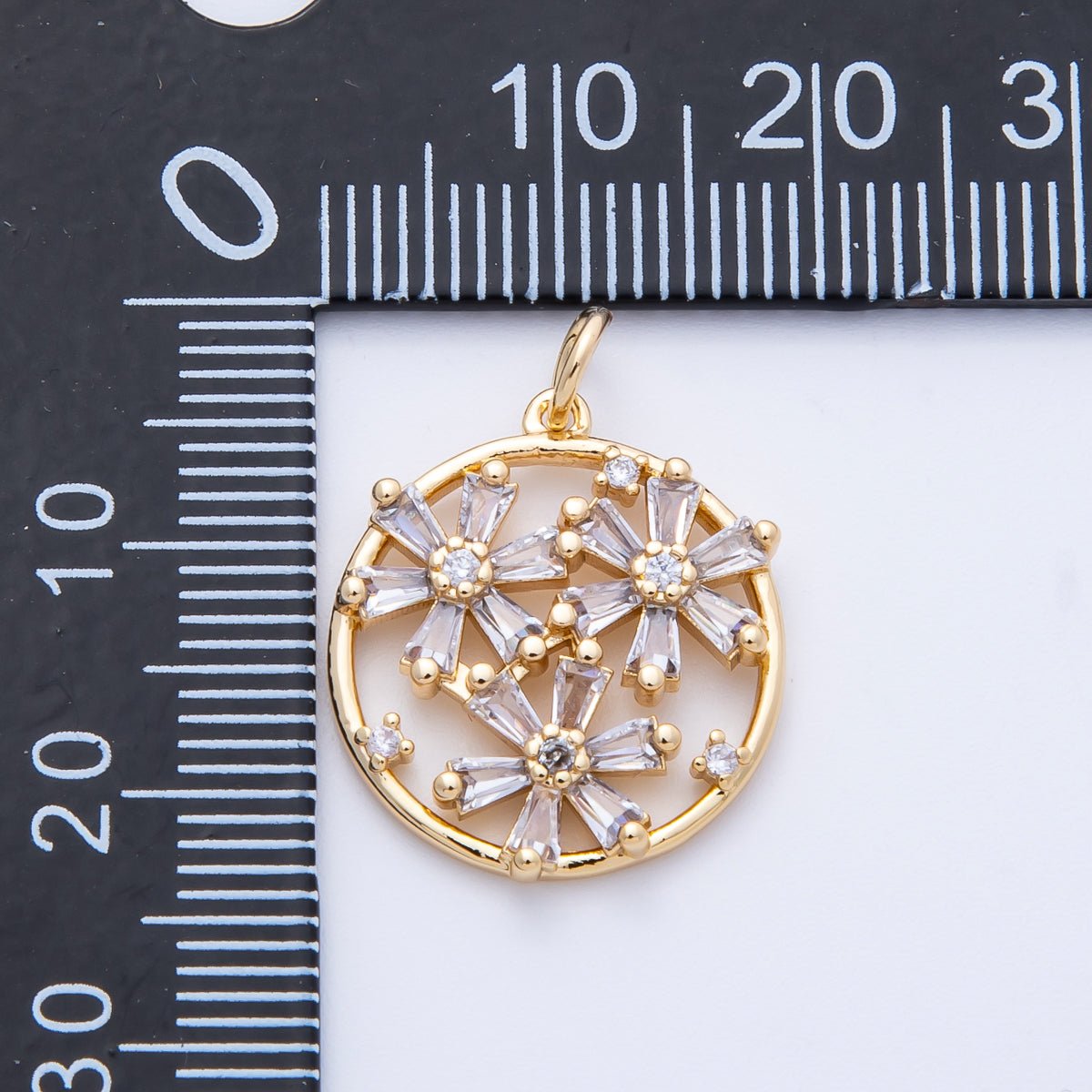 16K Gold Filled 20mm Clear CZ Baguette Triple Flower Open Round Charm | Charms - 00392 - DLUXCA