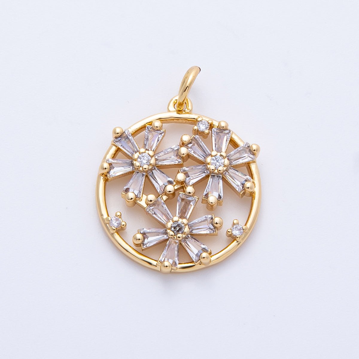 16K Gold Filled 20mm Clear CZ Baguette Triple Flower Open Round Charm | Charms - 00392 - DLUXCA