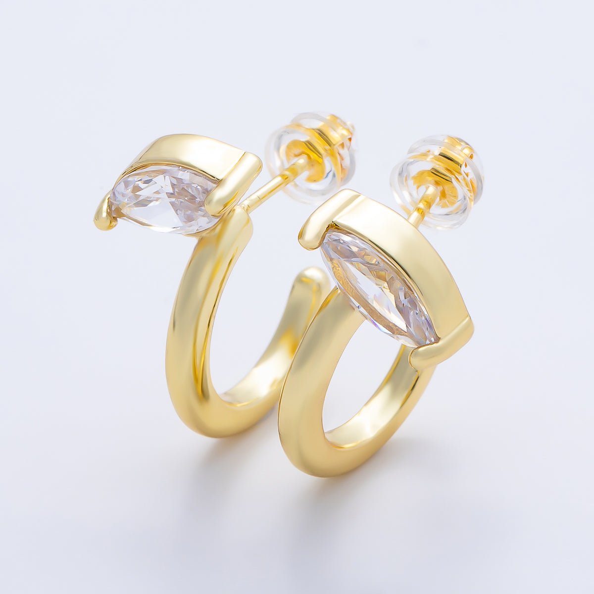 16K Gold Filled 20mm Clear CZ Marquise C-Shaped Hoop | Earrings-00681 - DLUXCA