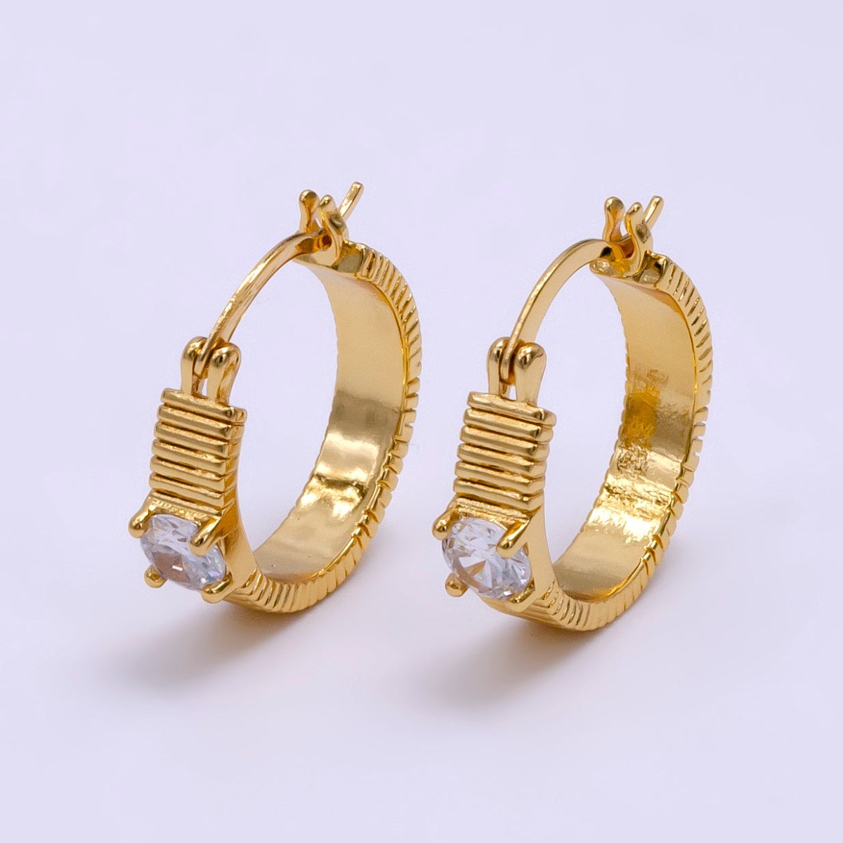 16K Gold Filled 20mm Clear CZ Ribbed Latch Hoop Earrings - DLUXCA