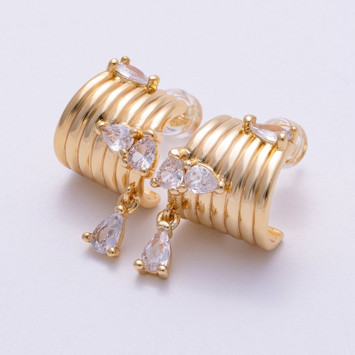 16K Gold Filled 20mm Clear Teardrop CZ Drop Wide Ribbed C - Shaped Hoop Earrings | Earrings - 00324 - DLUXCA