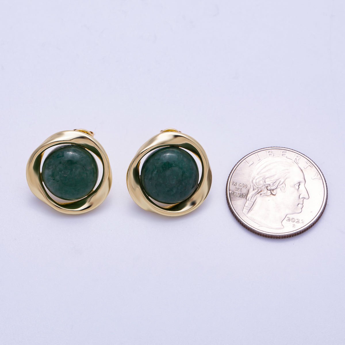 16K Gold Filled 20mm Green Aventurine Cabochon Gemstone Geometric Bezel Stud Earrings | Earrings - 00330 - DLUXCA
