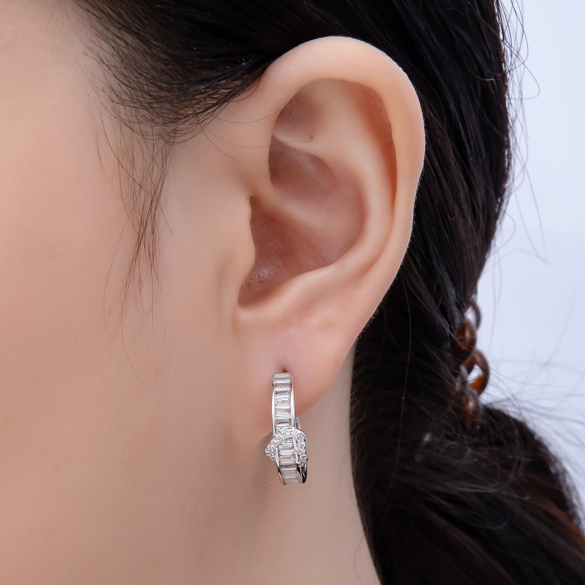 16K Gold Filled 20mm Heart Knot Baguette Micro Paved CZ C-Shaped Hoop in Gold & Silver | Earrings-00643 Earrings-00644 - DLUXCA
