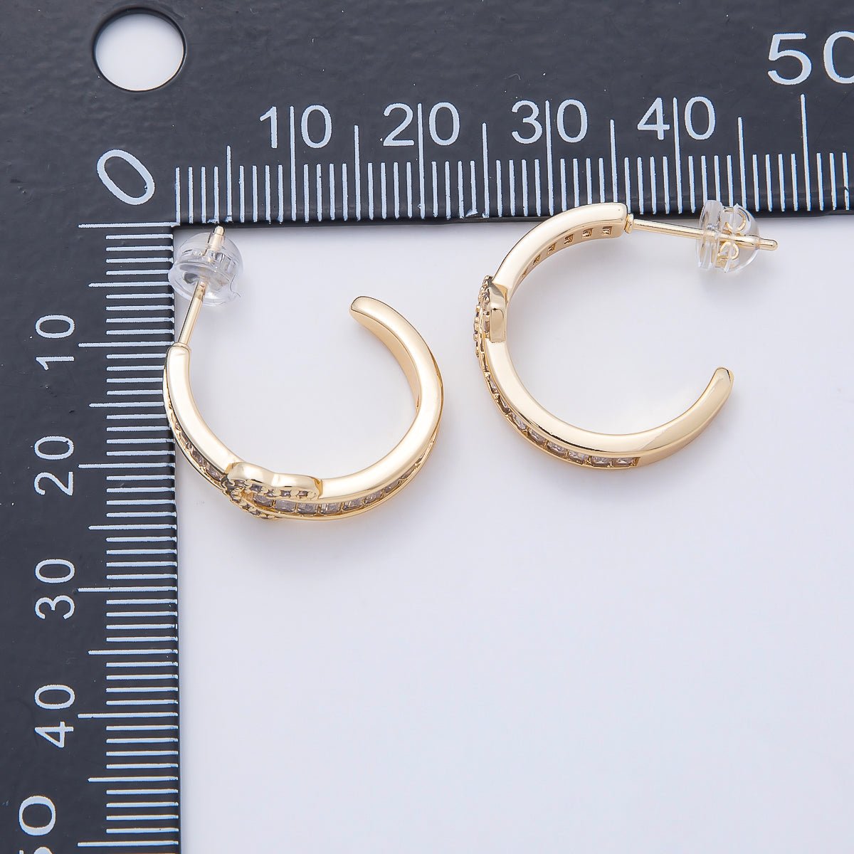 16K Gold Filled 20mm Heart Knot Baguette Micro Paved CZ C-Shaped Hoop in Gold & Silver | Earrings-00643 Earrings-00644 - DLUXCA