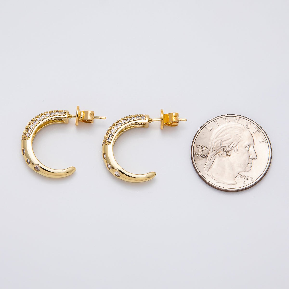 16K Gold Filled 20mm Micro Paved CZ Dotted C - Shaped Hoops Earrings | Earrings - 00261 - DLUXCA