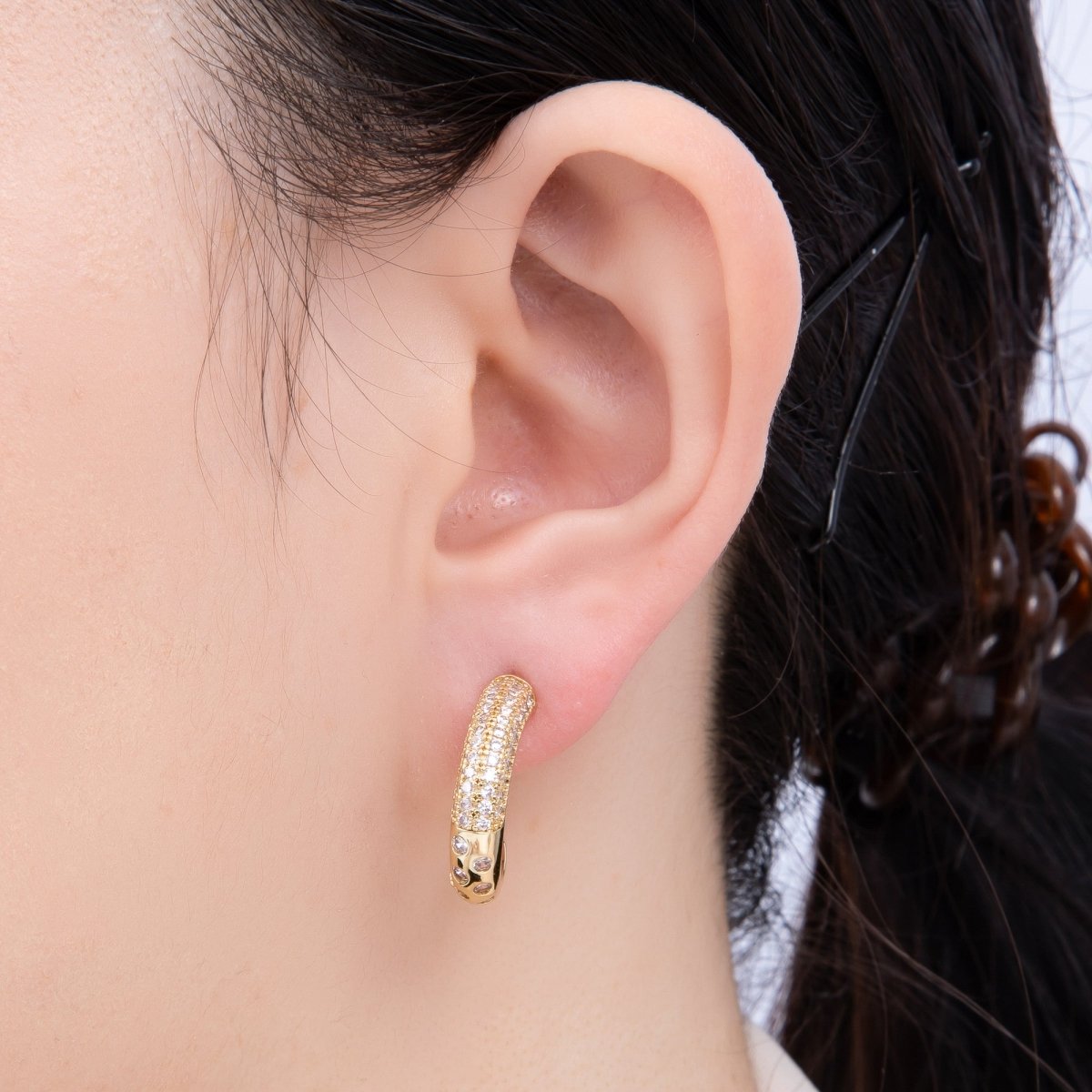 16K Gold Filled 20mm Micro Paved CZ Dotted C - Shaped Hoops Earrings | Earrings - 00261 - DLUXCA