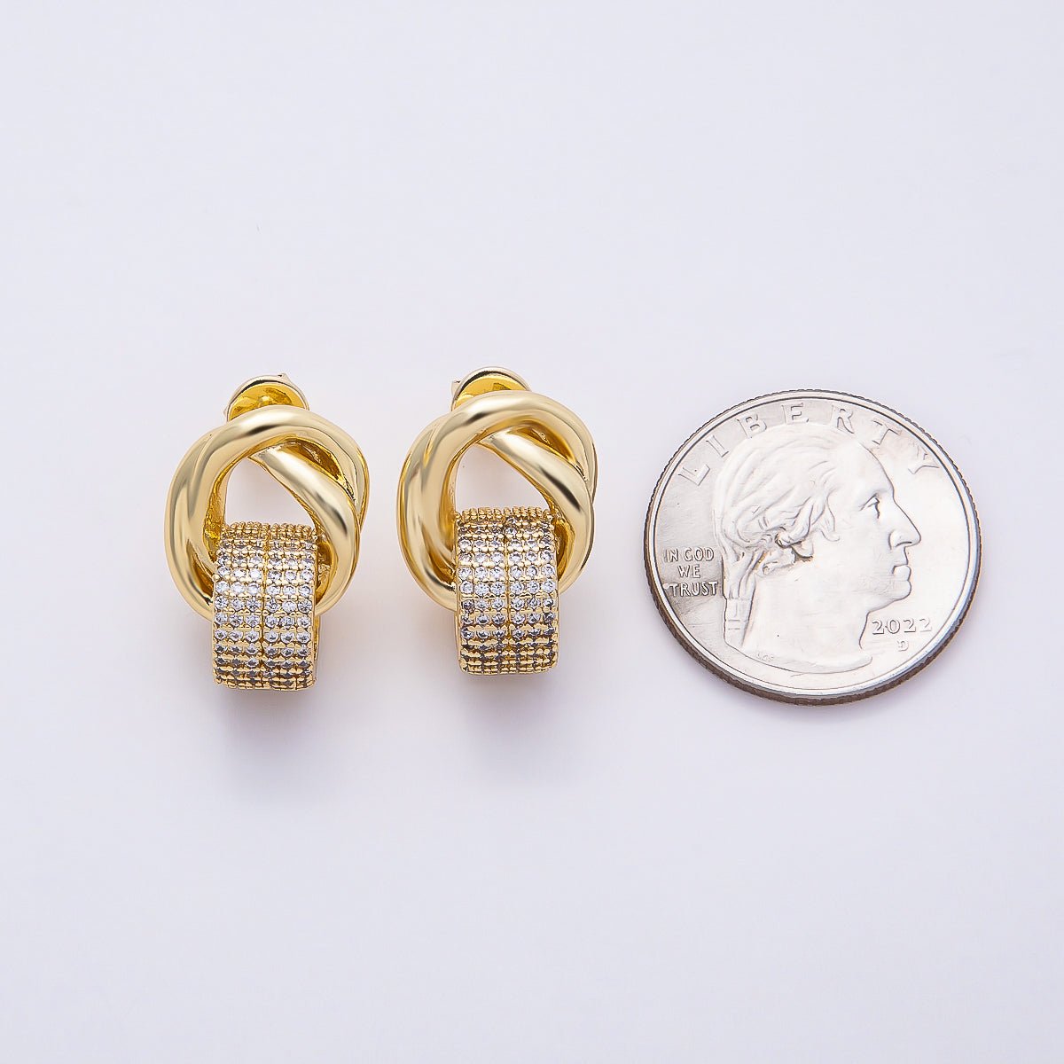 16K Gold Filled 20mm Micro Paved CZ Knot Door Knocker Stud Earrings | Earrings - 00368 - DLUXCA