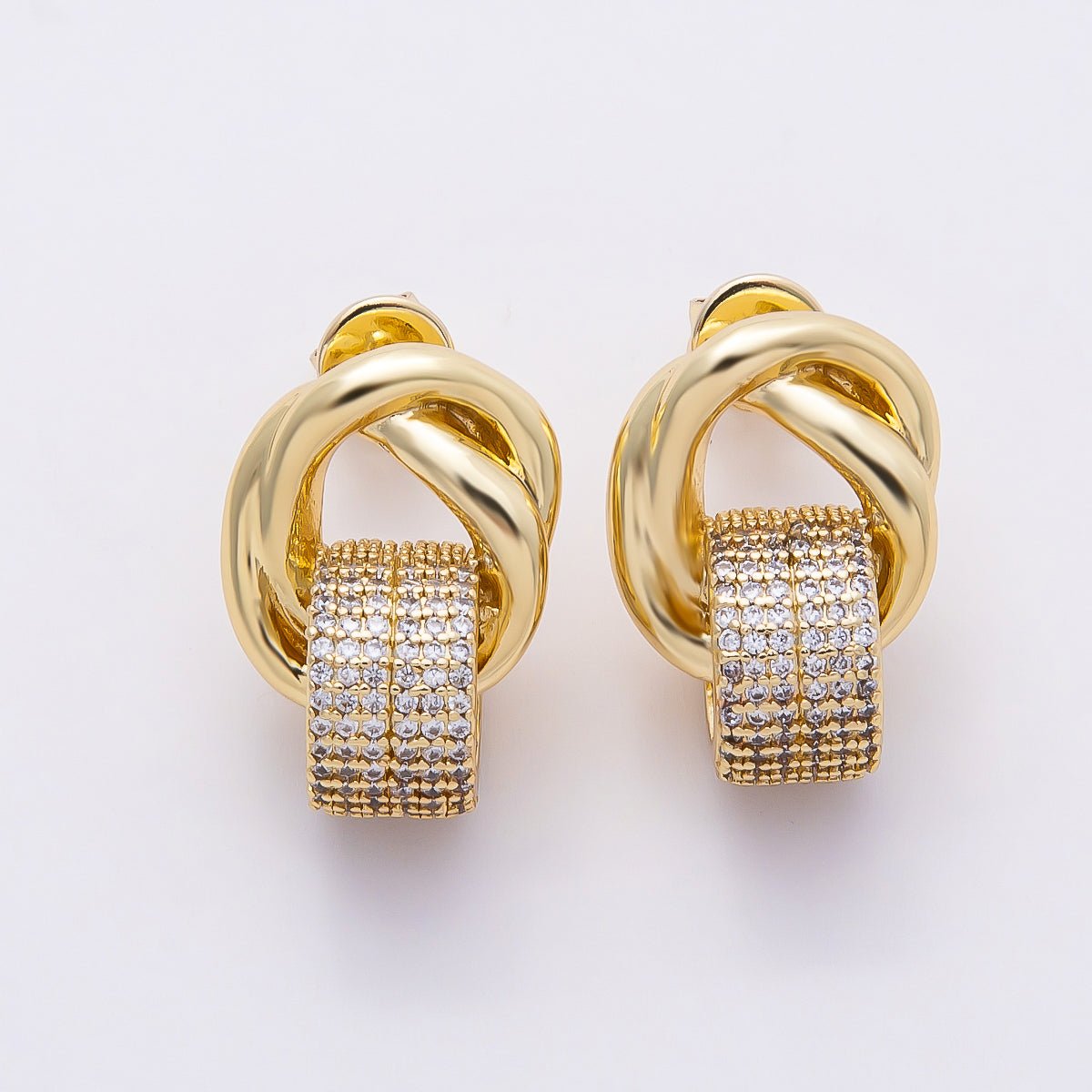 16K Gold Filled 20mm Micro Paved CZ Knot Door Knocker Stud Earrings | Earrings - 00368 - DLUXCA