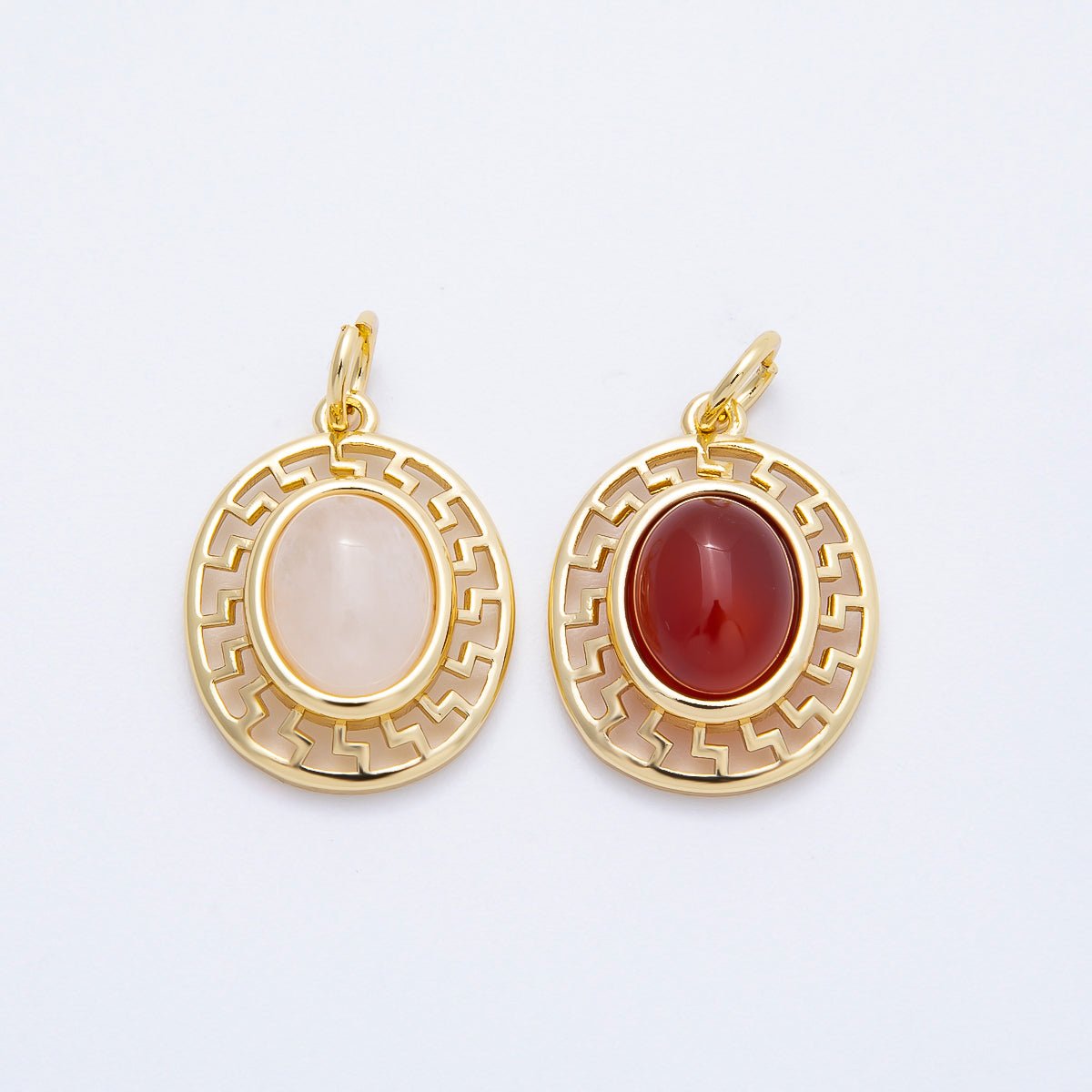 16K Gold Filled 20mm Moonstone, Red Agate Cabochon Gemstone Open Filigree Geometric Bezel Oval Charm | Charms - 00695 - Charms - 00696 - DLUXCA